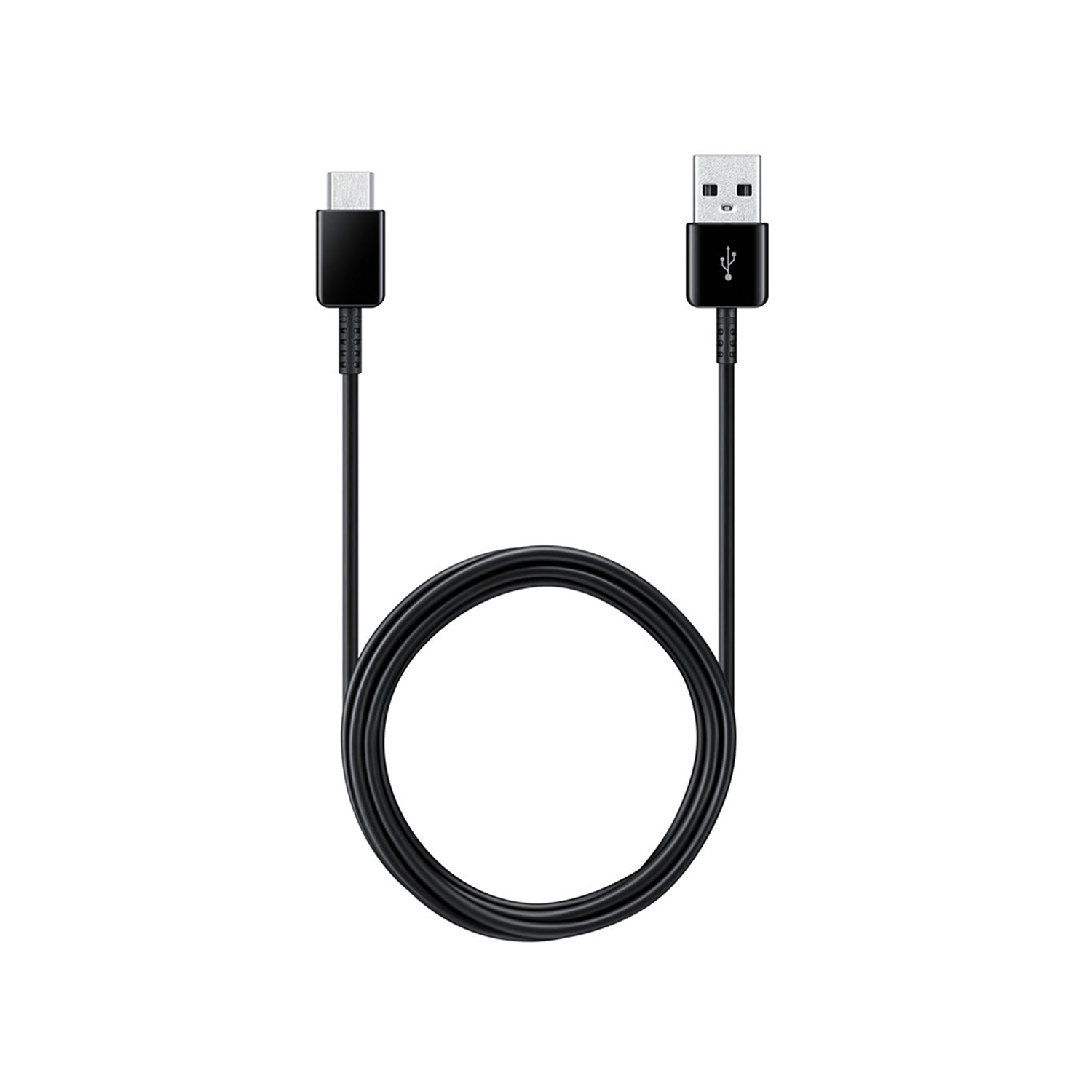 Czarny kabel USB-C do USB-A. Jeden koniec ma złącze USB-C, drugi USB-A. Kabel tworzy pętlę pośrodku.