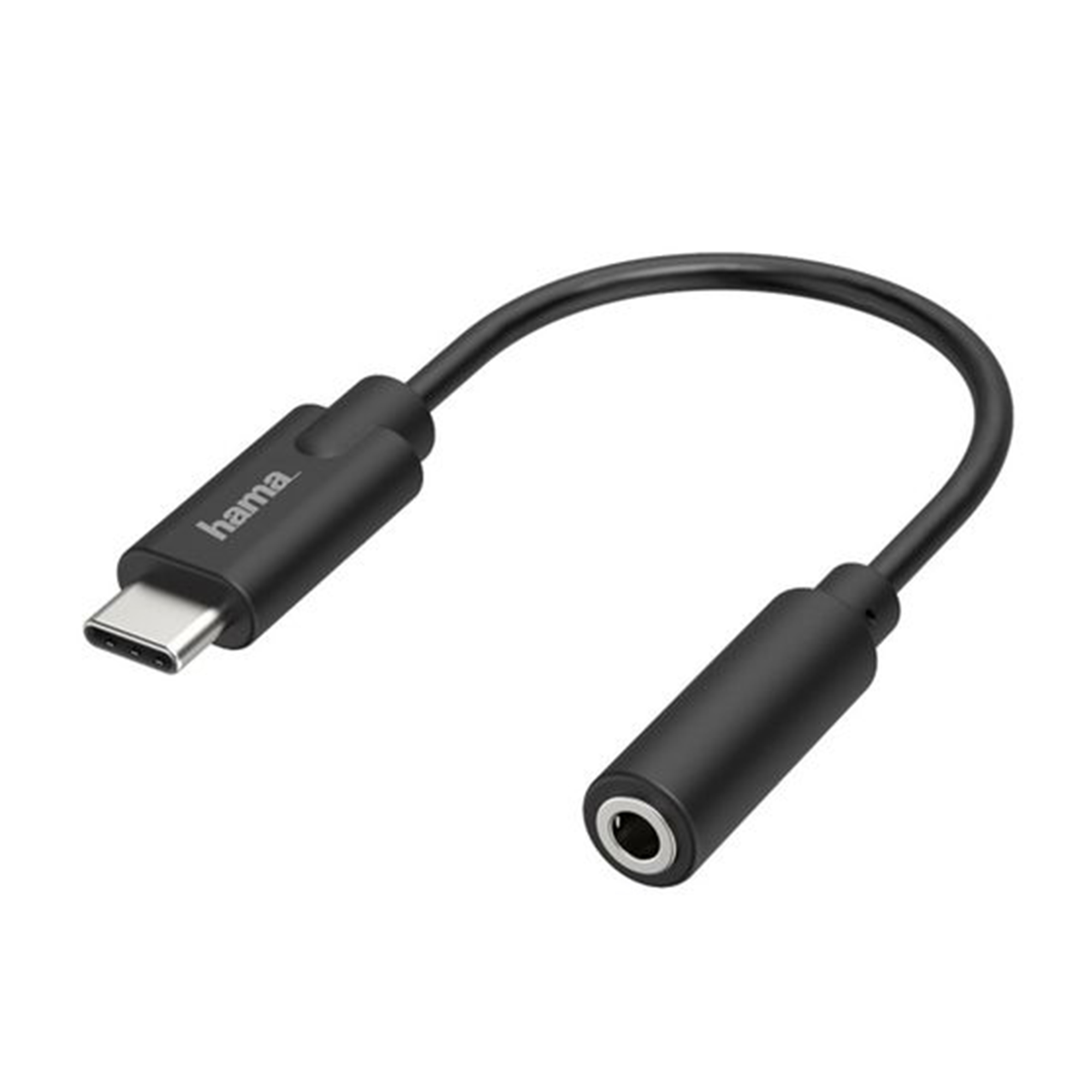 Czarny kabel adaptera audio Hama USB-C do 3,5 mm. Kabel ma złącze USB-C i gniazdo audio 3,5 mm.