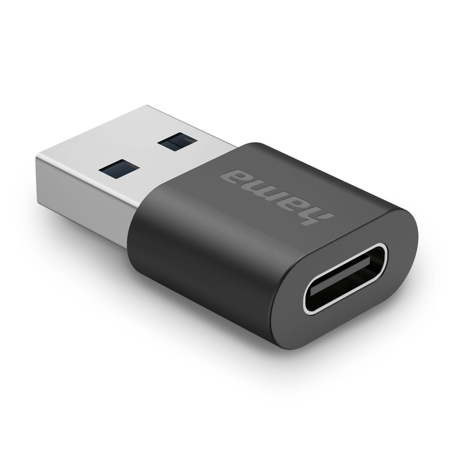 Czarny adapter USB-C ze srebrnym złączem USB-A. Na adapterze widnieje napis "hama".