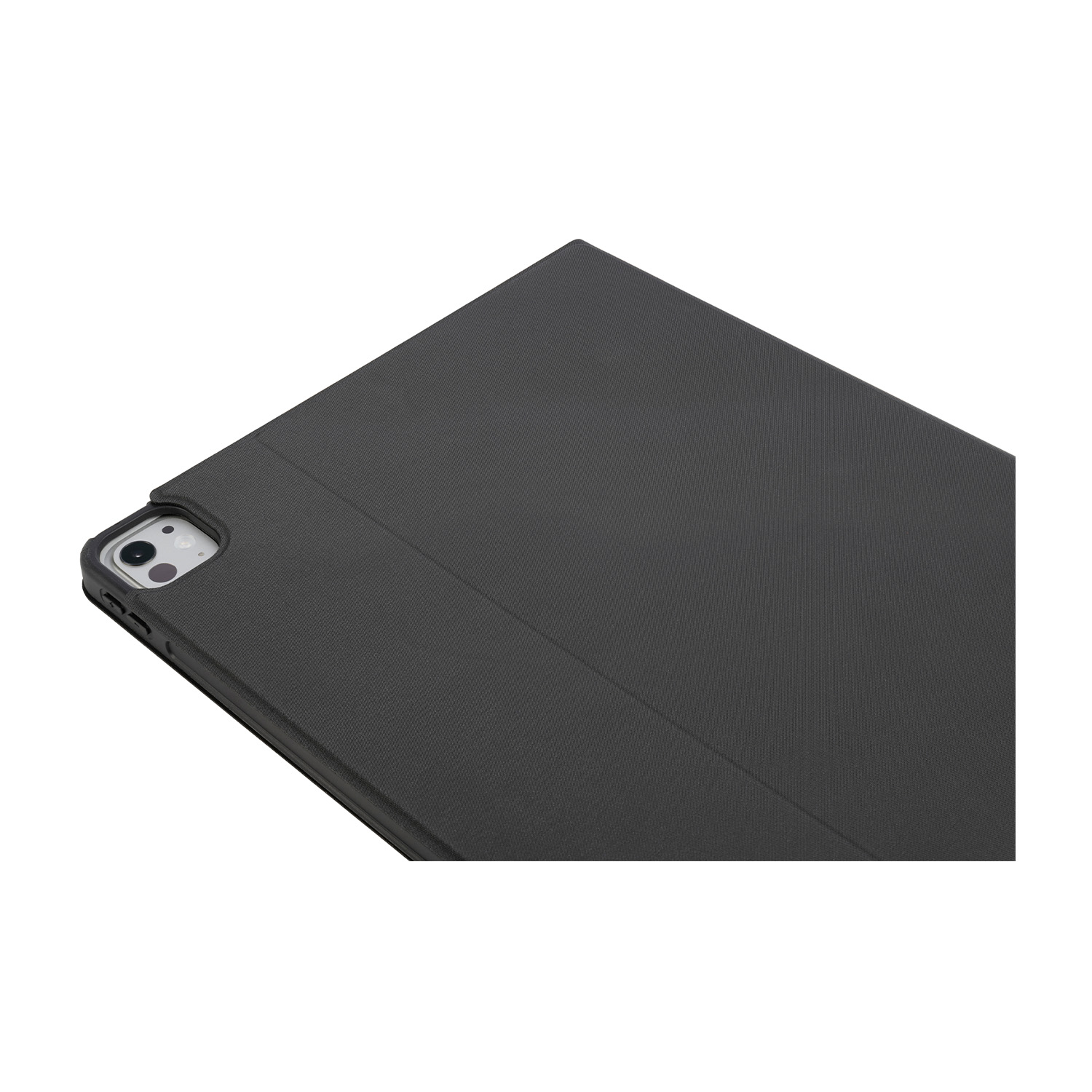 Una custodia per tablet grigio scuro, leggermente angolata. La fotocamera e il bordo sono visibili. Lo sfondo è bianco.