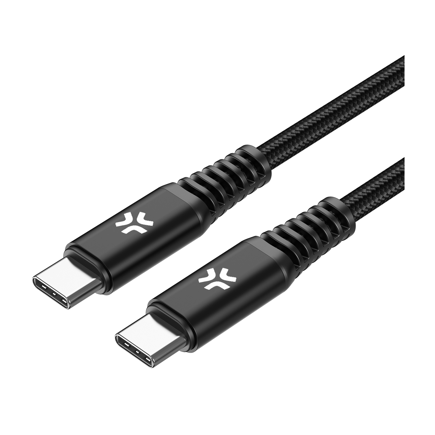 Two black USB-C cables, angled. Silver connectors and black braided cable. White background.