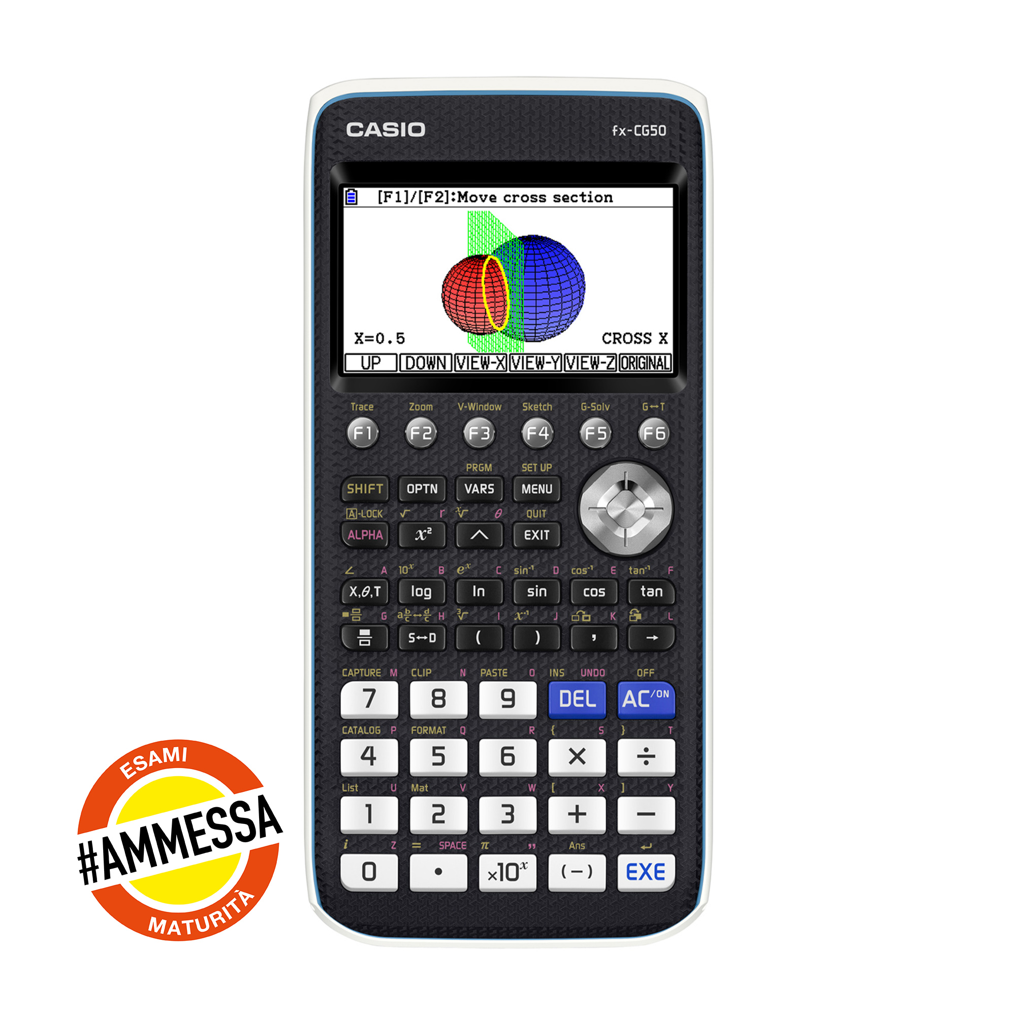 Una calcolatrice Casio mostra un grafico 3D. Sono visibili pulsanti e un logo. Lo schermo mostra una sezione trasversale.