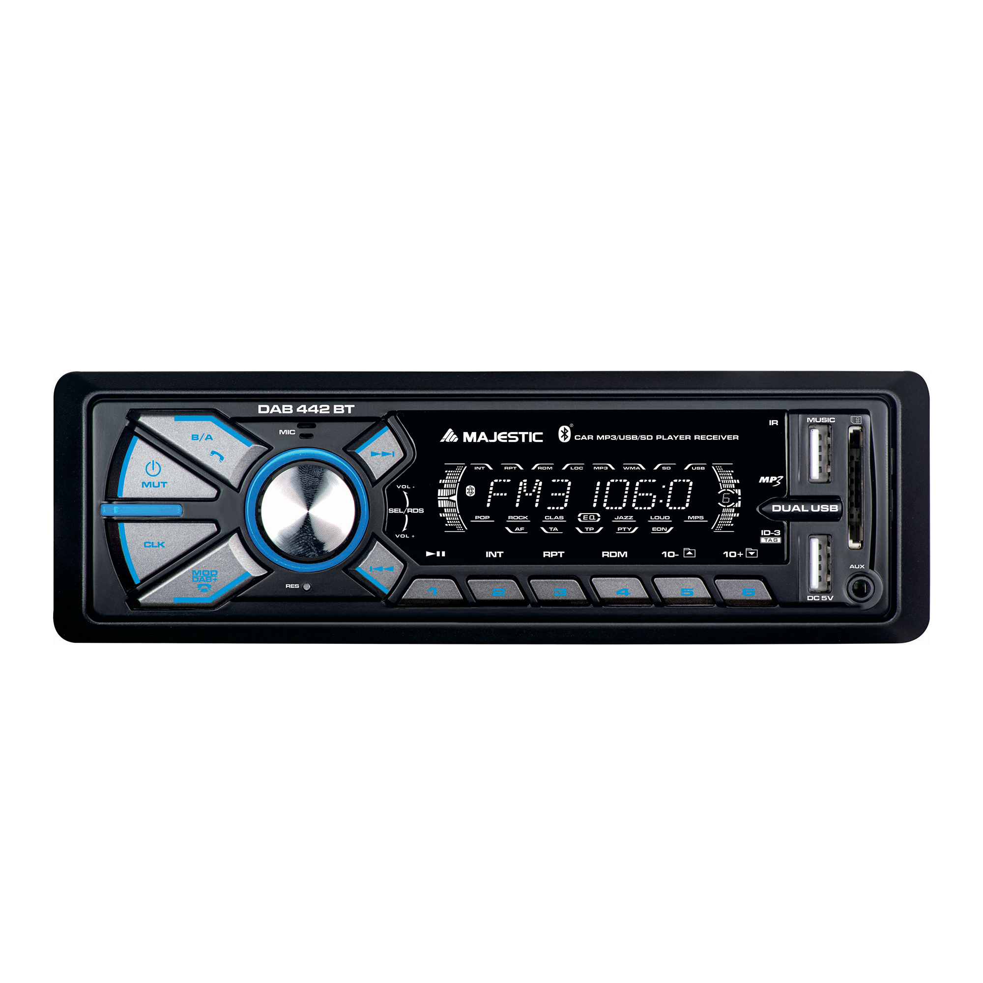 Autoradio mit Knöpfen und Bildschirm, der FM 106.0 anzeigt. Es hat USB-Anschlüsse und die Marke Majestic.