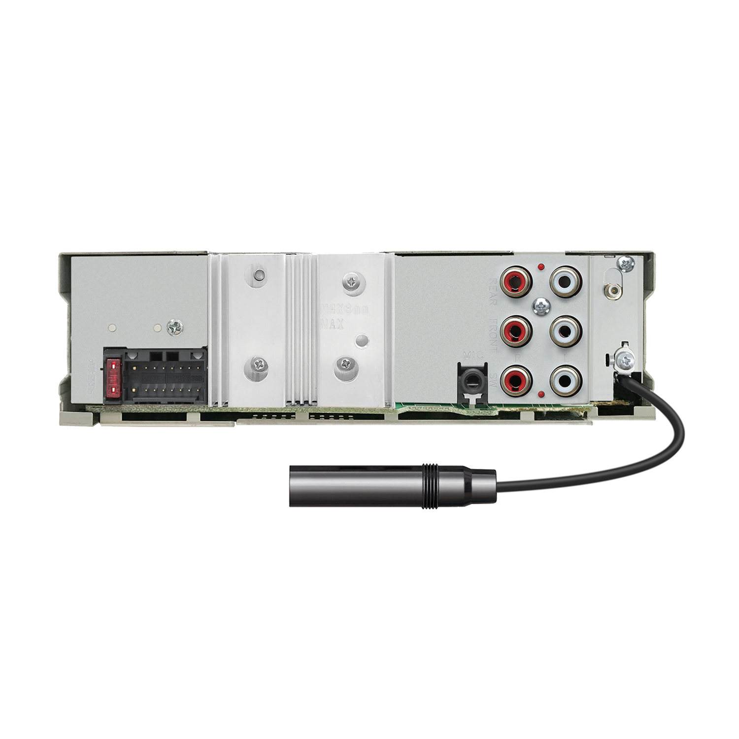 Rückansicht eines Autoradios. Es hat Ein- und Ausgänge für Audio und Strom, mit einem Kühlkörper und einem schwarzen Kabel.
