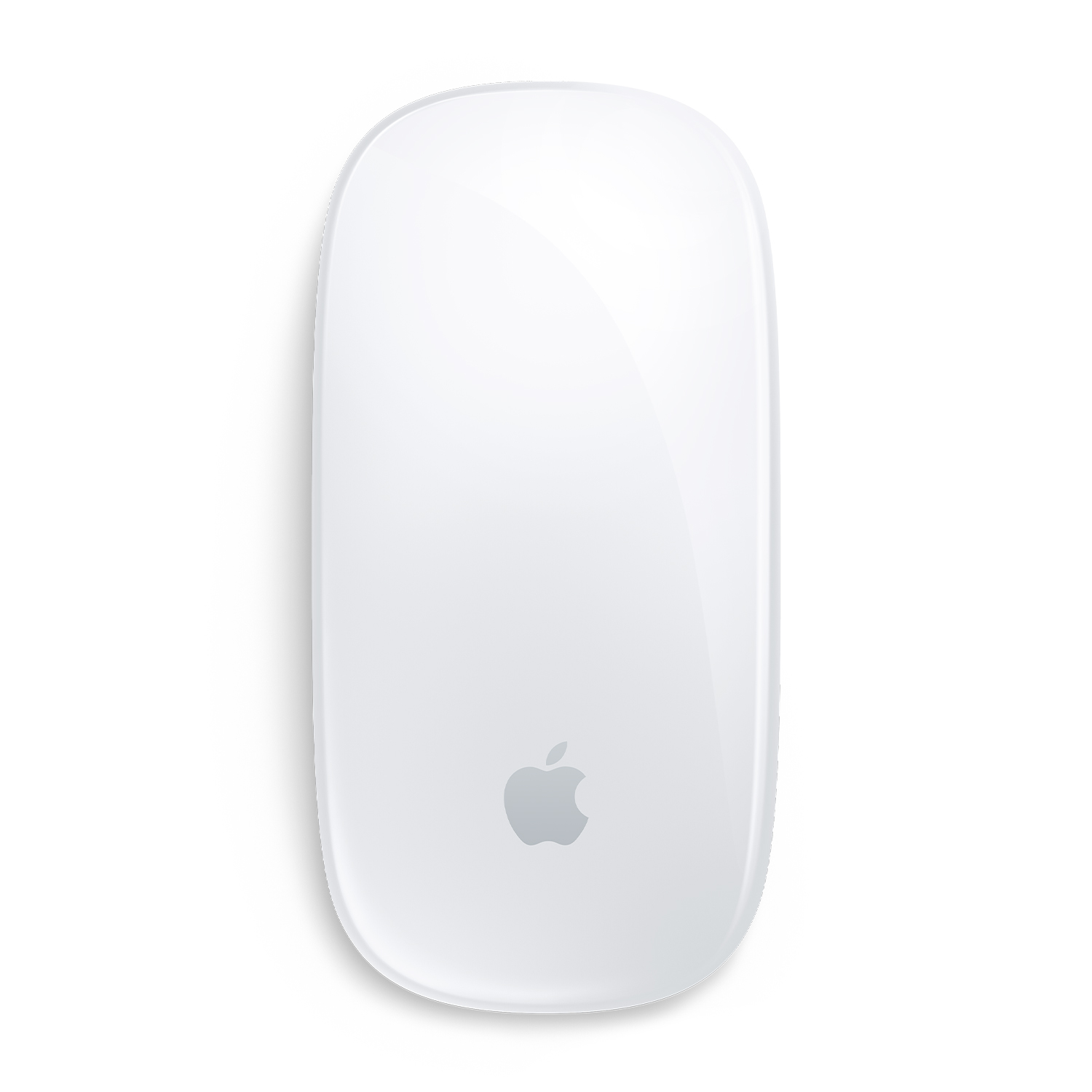 Biała mysz Apple Magic Mouse z szarym logo Apple. Mysz jest na białym tle, rzucając delikatny cień.