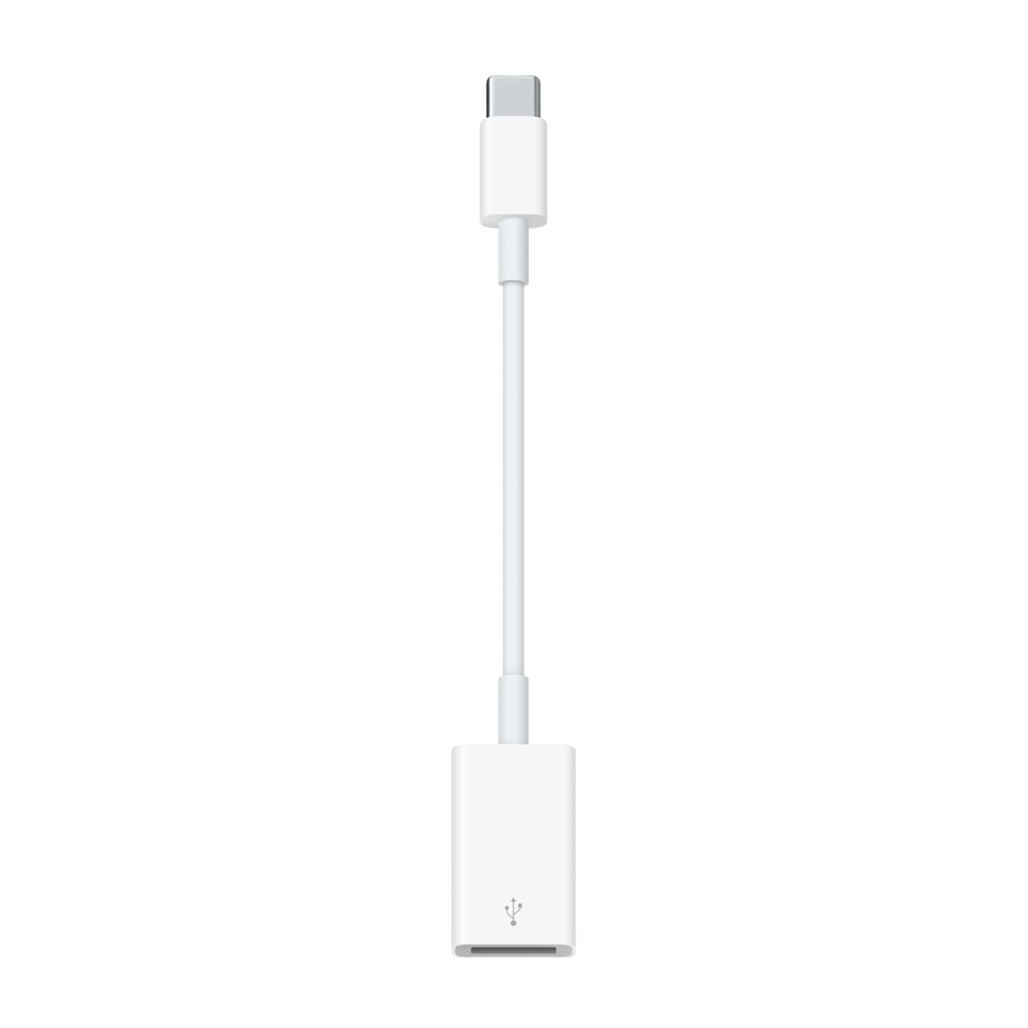 Un cavo adattatore da USB-C a USB bianco, con un connettore USB-C in alto e una porta USB in basso, su sfondo bianco.