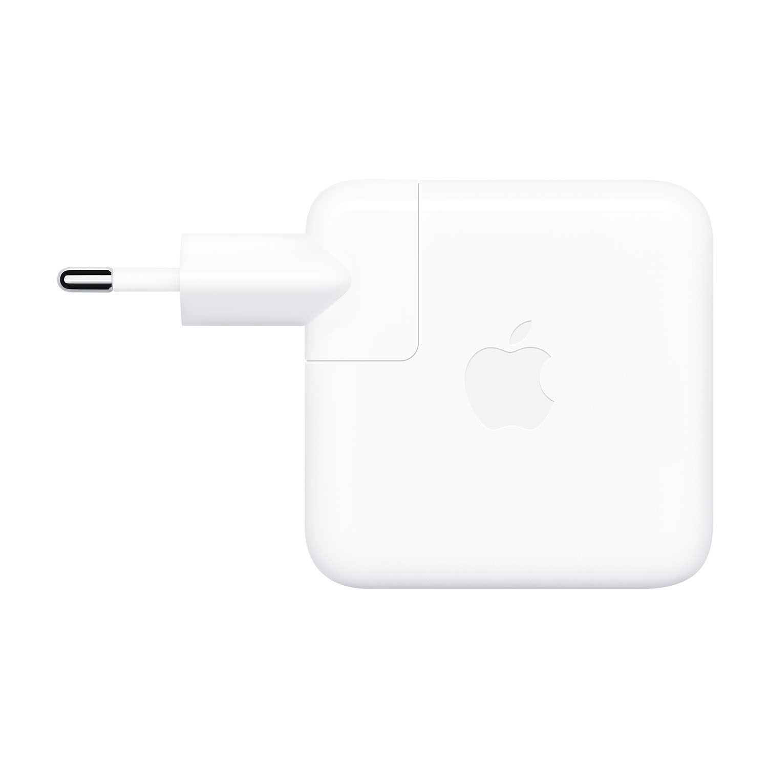 Un caricabatterie Apple bianco. Ha una spina a sinistra e un corpo quadrato con il logo Apple.