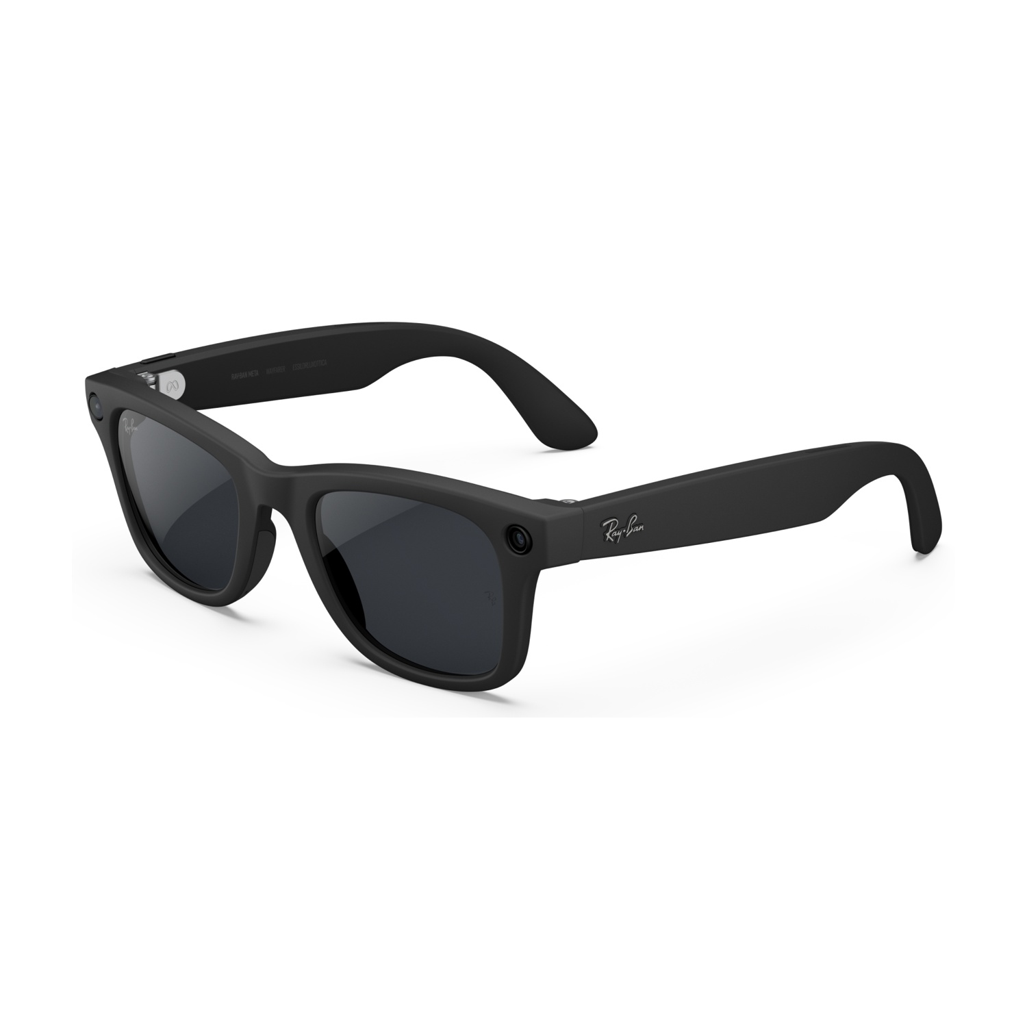 Schwarze Ray-Ban-Sonnenbrille auf weißem Hintergrund. Die Sonnenbrille hat dunkle Gläser und das Ray-Ban-Logo.