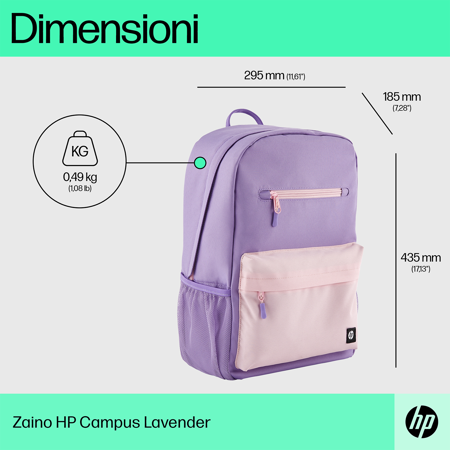 Mochila lavanda con bolsillo rosa. Se muestran las dimensiones, incluido el peso. Visible el logo de HP.