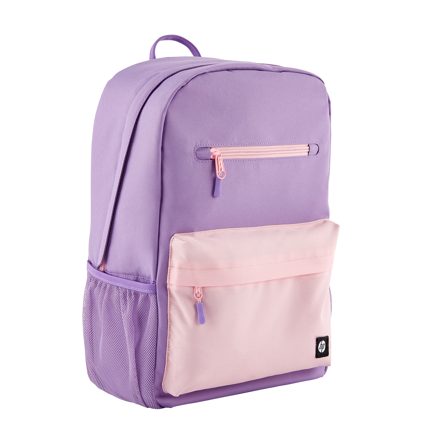 Mochila HP morada y rosa. Tiene un bolsillo frontal, un bolsillo lateral de malla y un asa superior. Cremalleras y el logotipo de HP.
