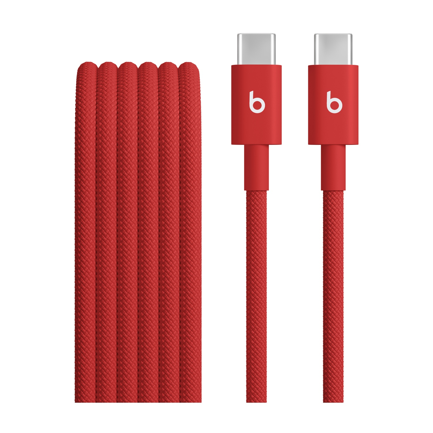 Rotes Beats USB-C-Ladekabel. Zwei Stecker rechts, das Kabel links. Weißes 'b'-Logo auf den Steckern.