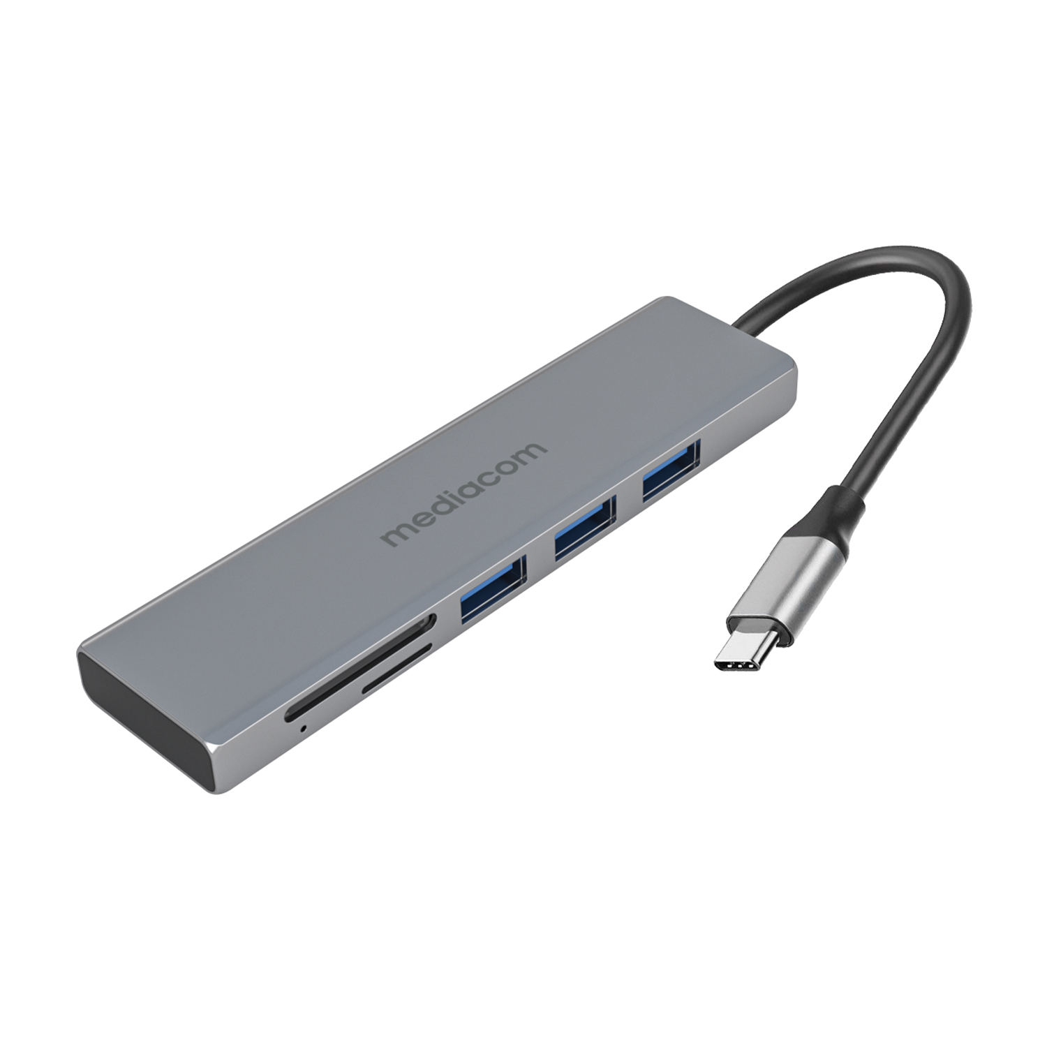 Szary hub USB Mediacom z czarnym kablem. Posiada porty USB i czytnik kart. Tło jest białe.