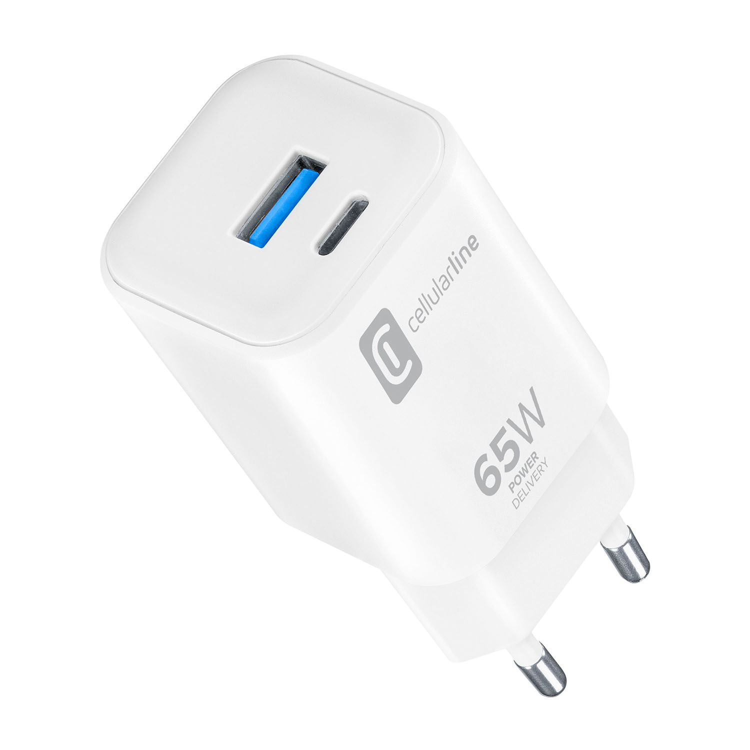 Biały zasilacz Cellularline 65W z niebieskimi i czarnymi portami. Ma dwa bolce i widoczne logo marki.