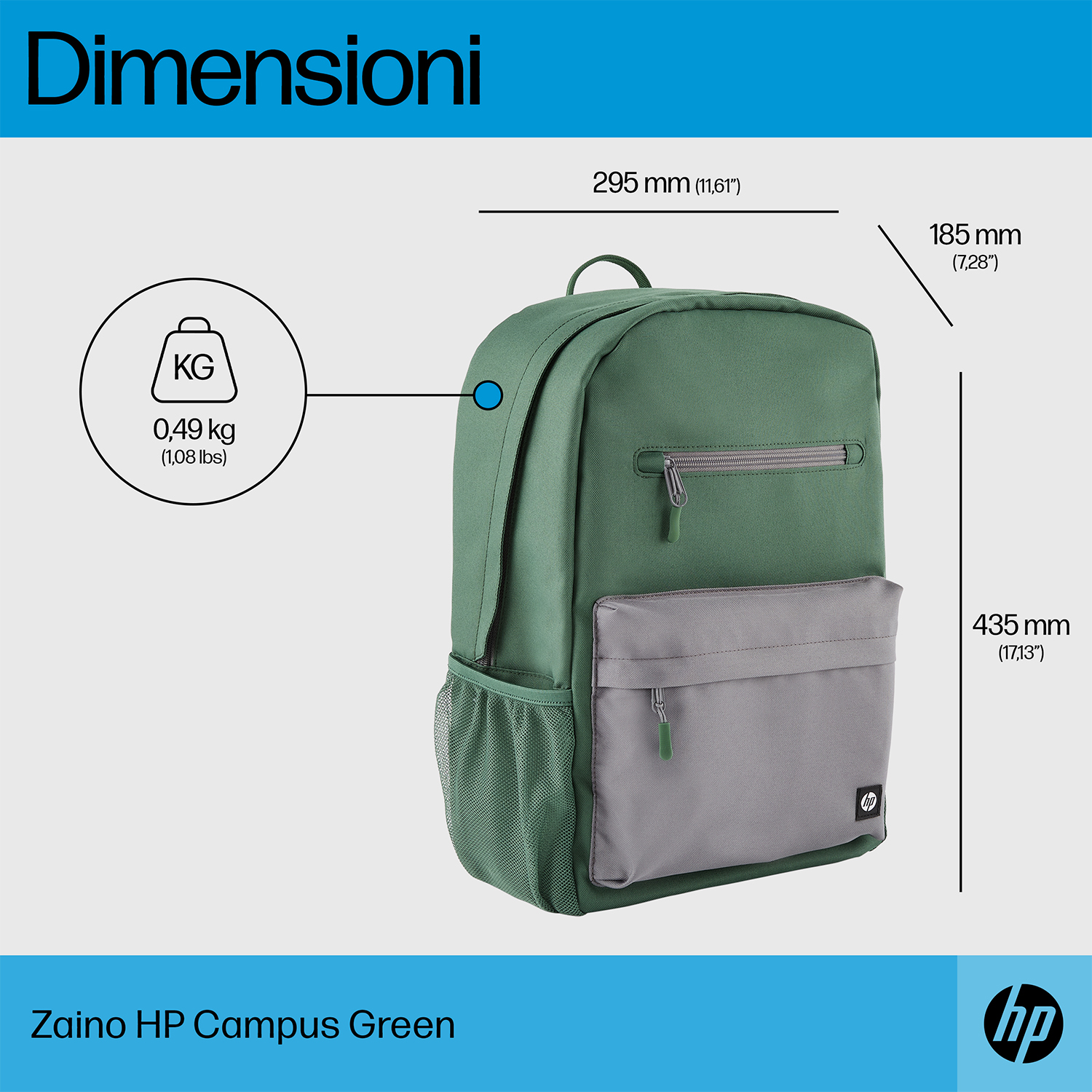 Mochila HP Campus verde y gris con dimensiones y peso. El texto dice 'Dimensioni' y 'Zaino HP Campus Green'.