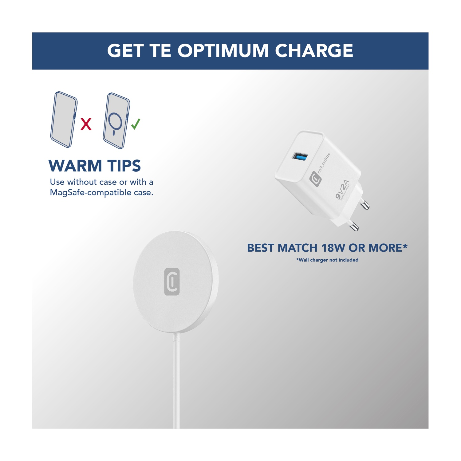 Das Bild zeigt ein Telefon mit einem Häkchen, ein Ladegerät und ein kabelloses Ladegerät. Der Text lautet 'Get Optimum Charge' und 'Best Match 18W or More'.