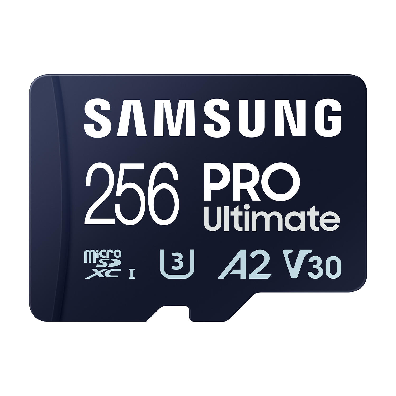 Eine dunkelblaue Samsung 256 Pro Ultimate microSD-Karte. Weißer Text enthält 'SAMSUNG', '256', 'PRO', 'Ultimate' und verschiedene Geschwindigkeitsangaben.