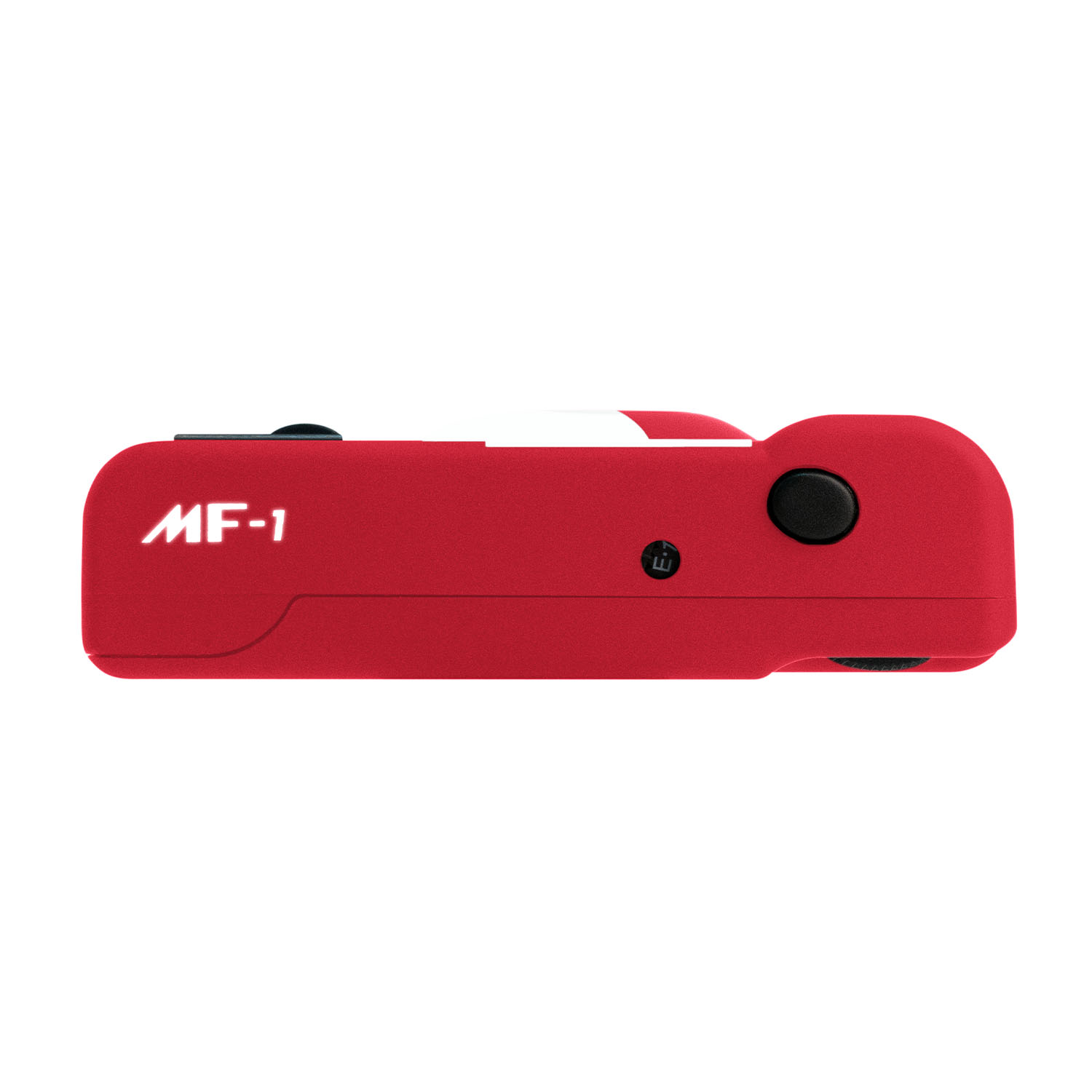 Eine rote MF-1-Kamera liegt horizontal. Sie hat schwarze Knöpfe und weiße Akzente. Der Hintergrund ist schlicht weiß.