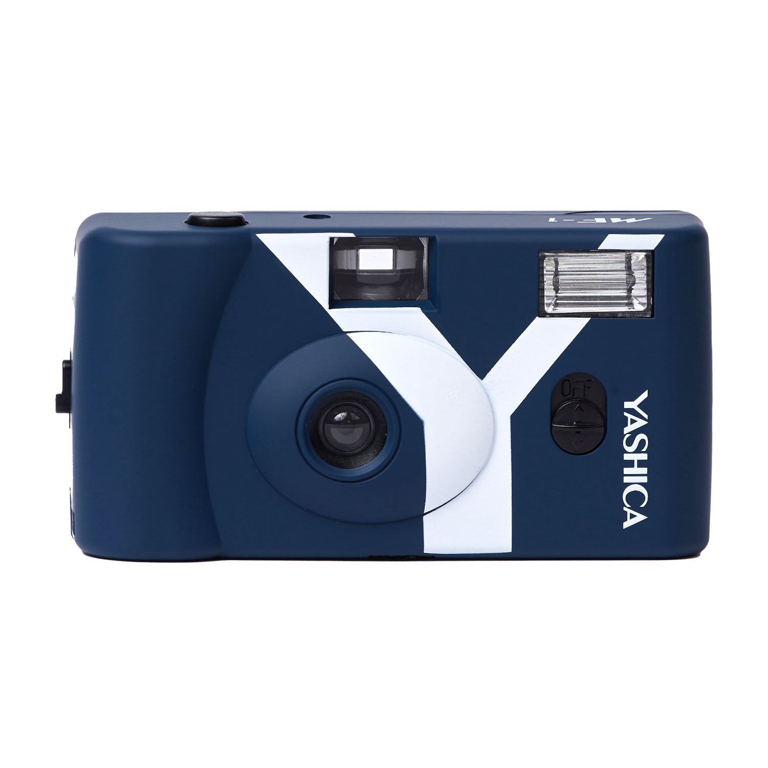 Eine dunkelblaue Yashica MF-1 Filmkamera mit weißer Y-Form. Sie hat einen Blitz, ein Objektiv und eine 'OFF'-Taste. Der Markenname ist sichtbar.