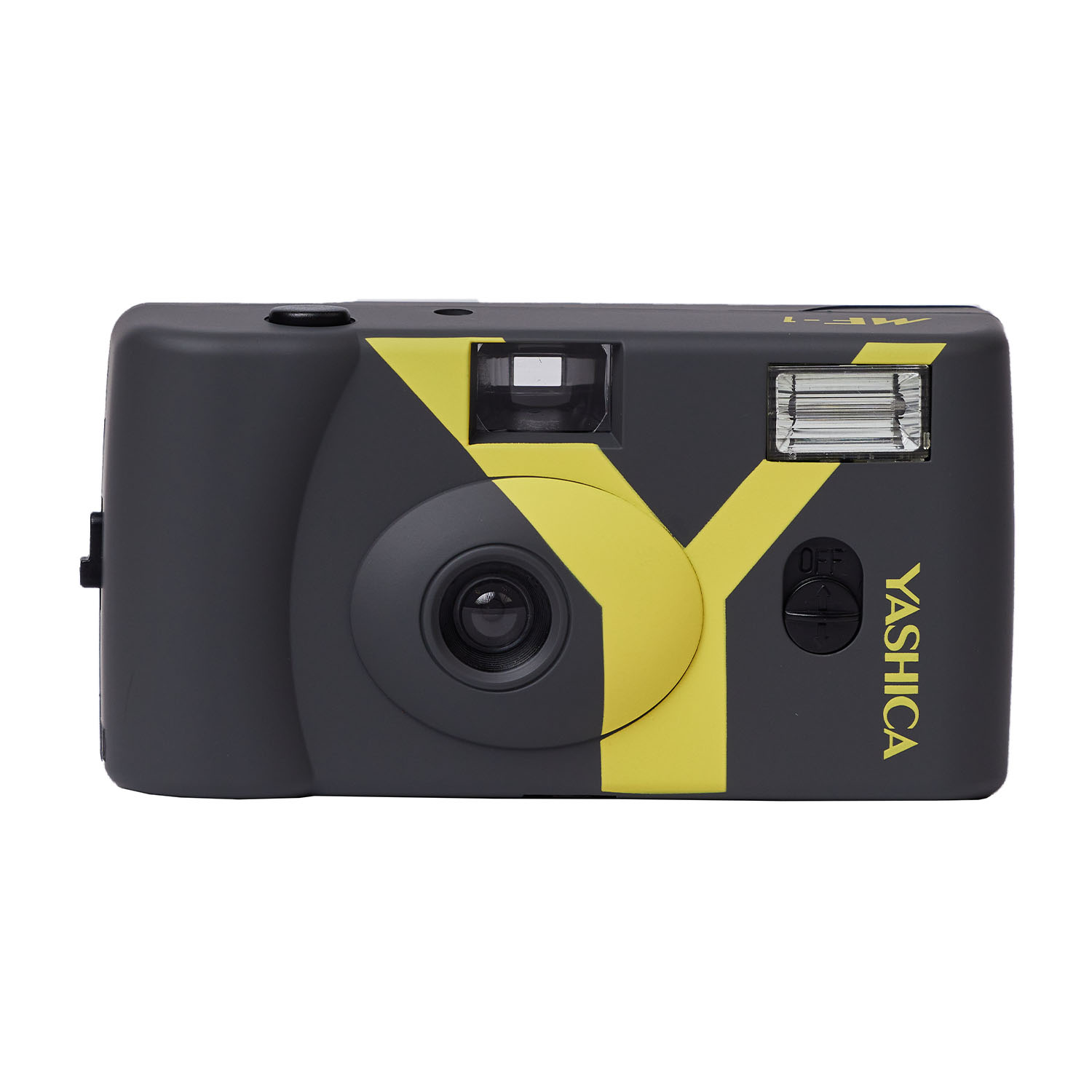 Graue Yashica MF-1 Kamera mit gelbem 'Y'-Design. Sie hat ein Objektiv, einen Blitz und einen Ein-/Ausschalter.