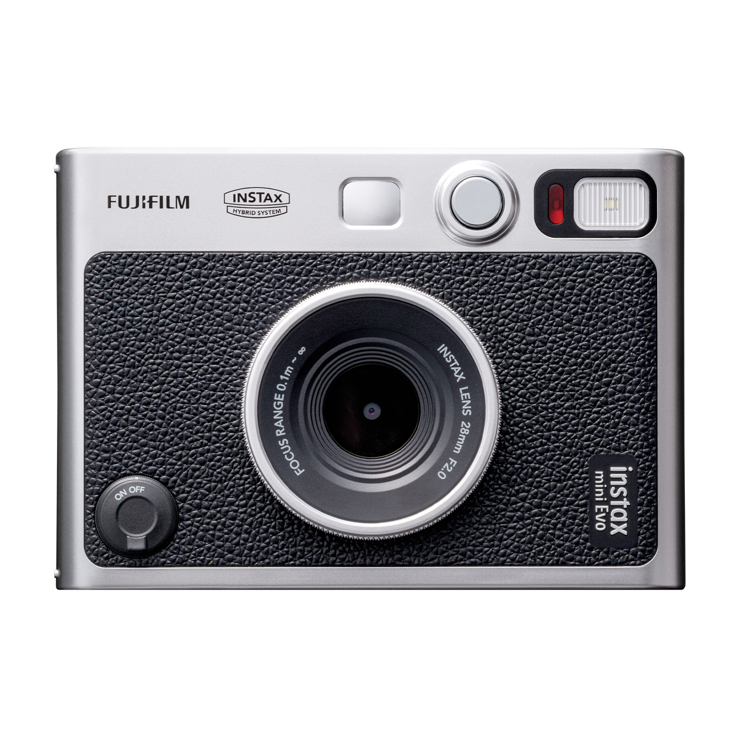 Silberne und schwarze Instax Mini Evo Kamera. Sie hat ein Objektiv, Blitz und Knöpfe. Fujifilm-Markenname ist sichtbar.