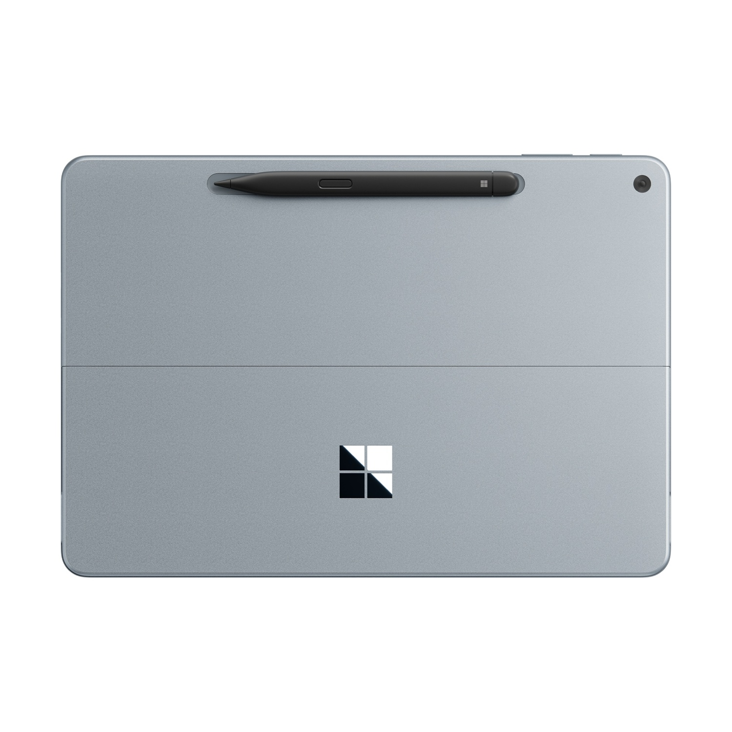 Szary tablet z dołączonym czarnym rysikiem. Widoczne logo Microsoft. Obiektyw aparatu znajduje się w prawym górnym rogu.