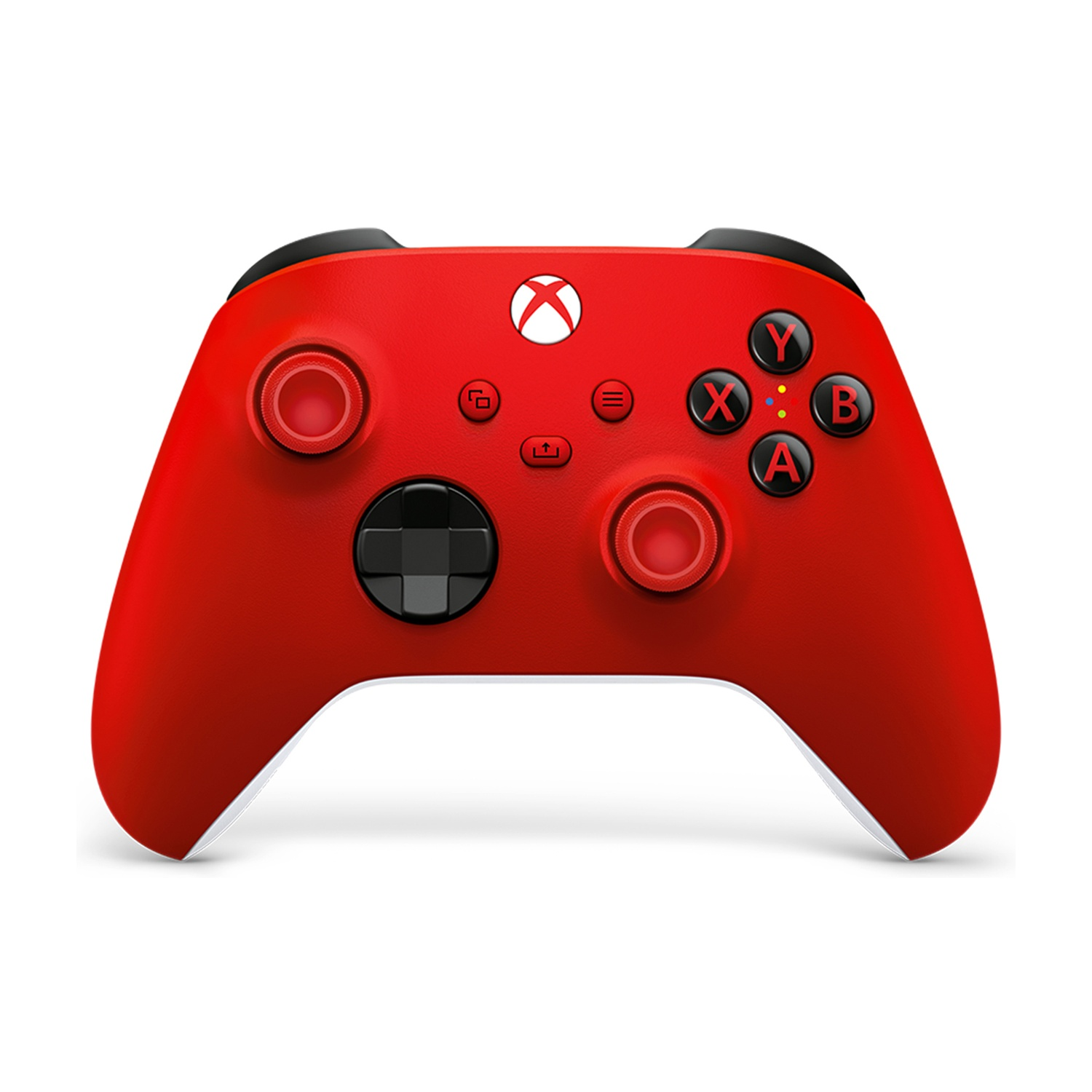 Een rode Xbox-controller op een witte achtergrond. Het heeft knoppen en sticks, waaronder A, B, X en Y-knoppen, en een D-pad.