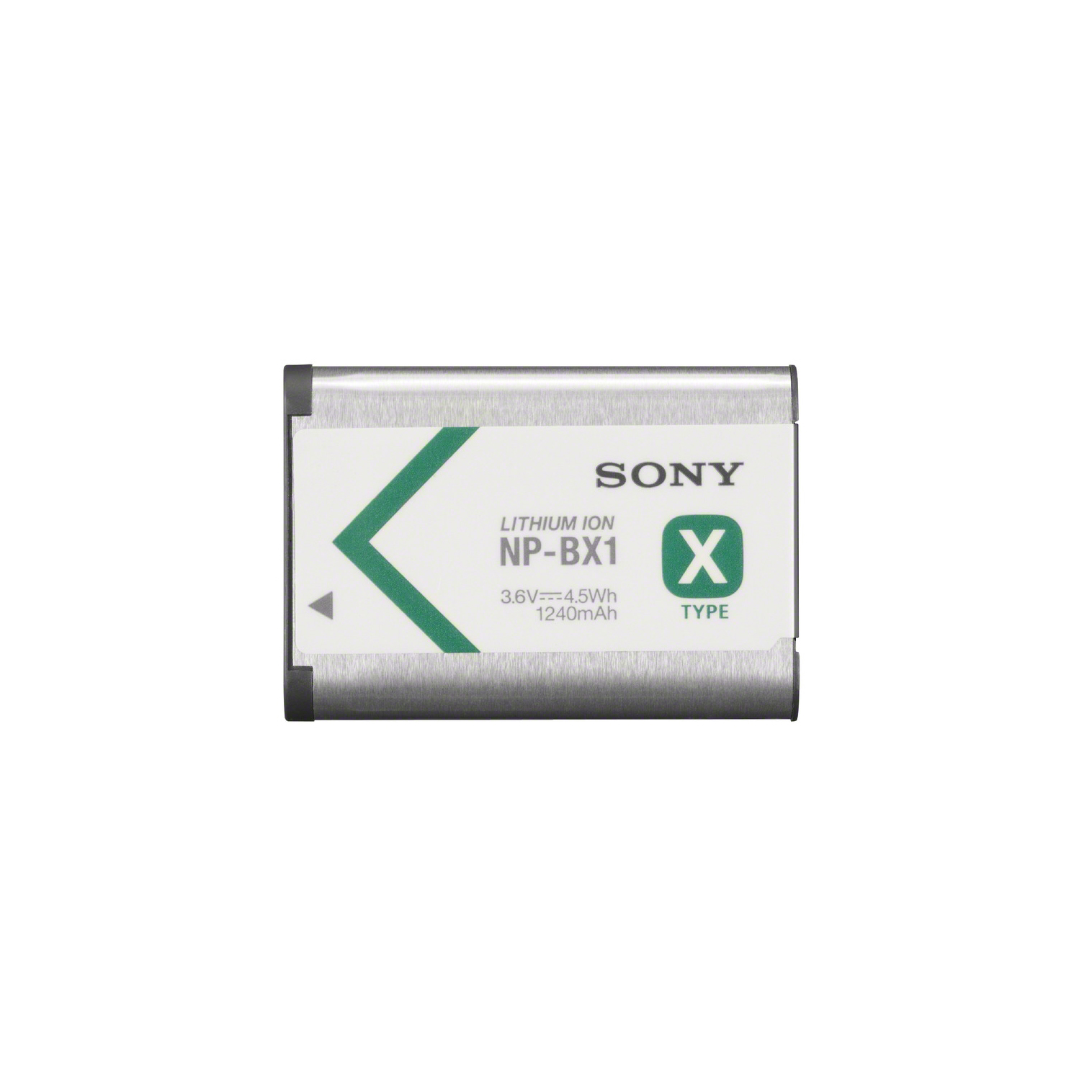 Una batería Sony NP-BX1 de iones de litio. Tiene una flecha verde, el logotipo de Sony y especificaciones impresas. Es rectangular.