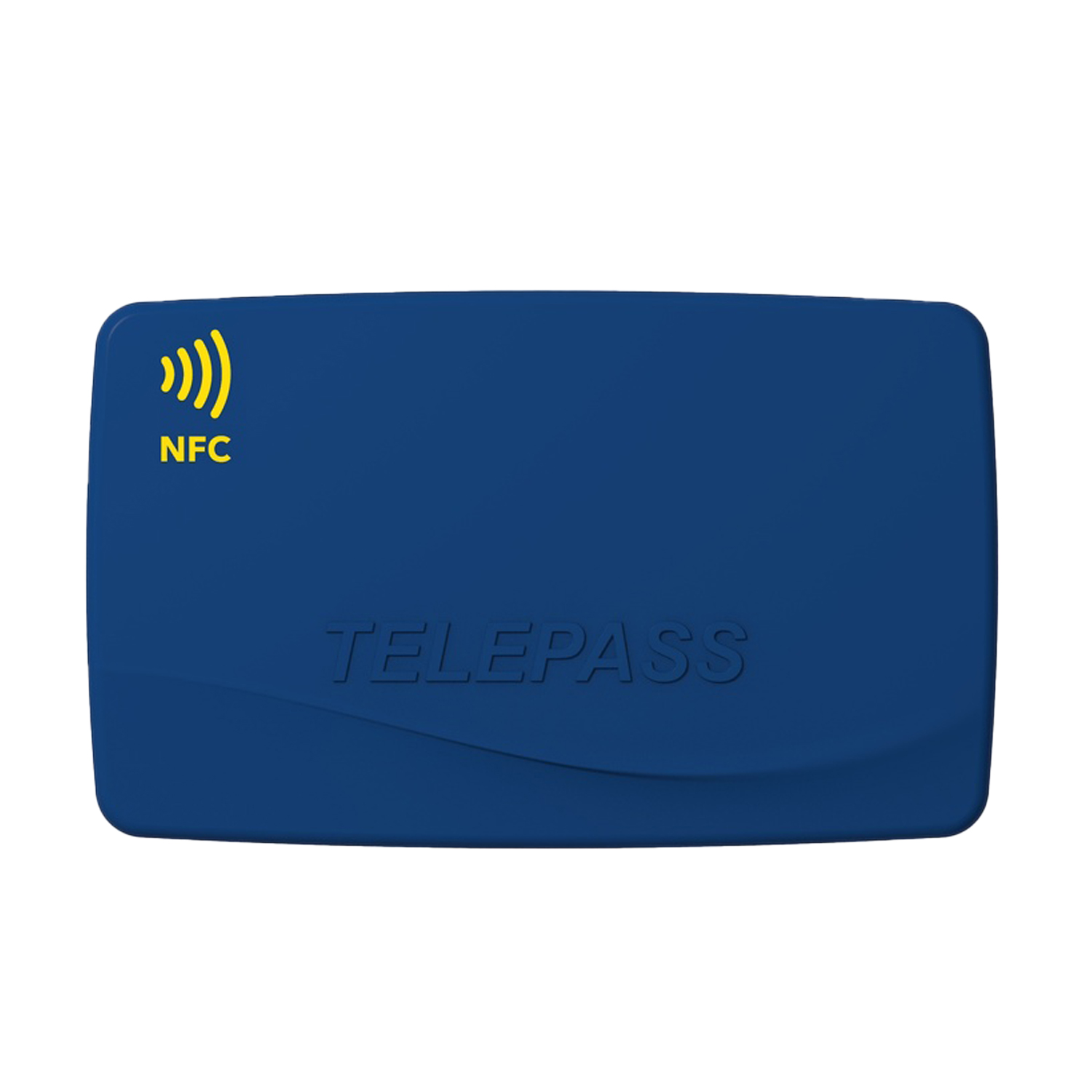 Una carta Telepass blu con logo NFC. La parola TELEPASS è in rilievo sulla carta.