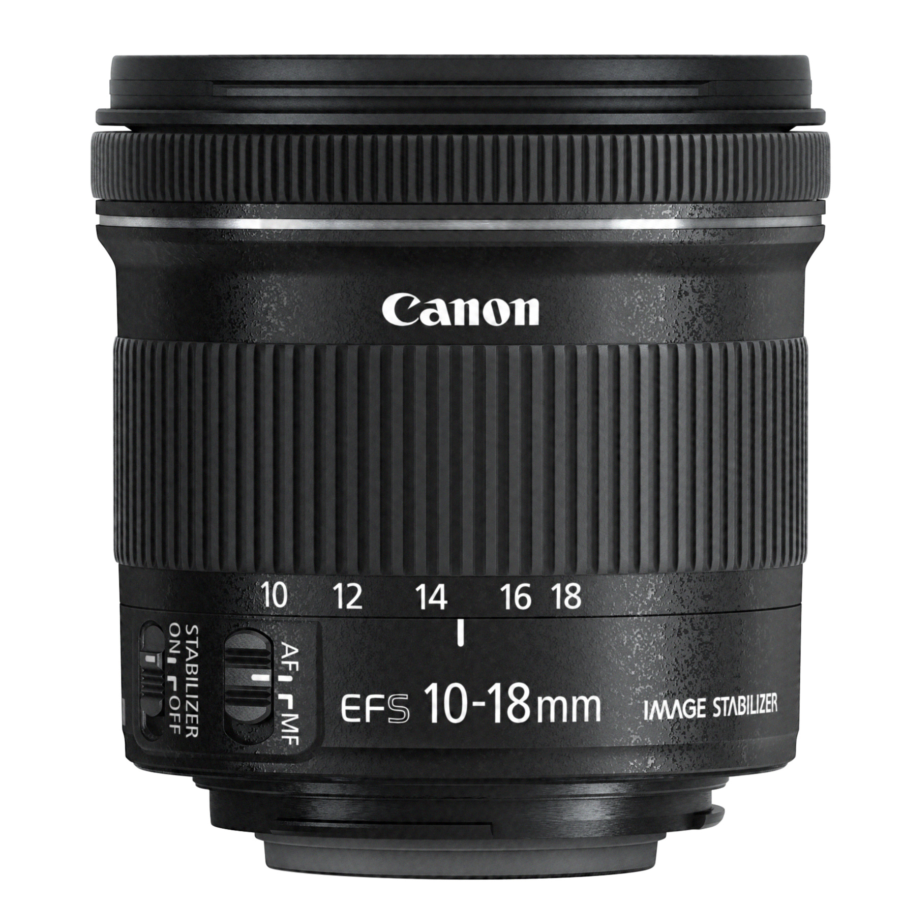 Schwarzes Canon EFS 10-18mm Objektiv. Es hat einen geriffelten Lauf, mit Zahlen und Text. Enthält einen Stabilisierungsschalter.