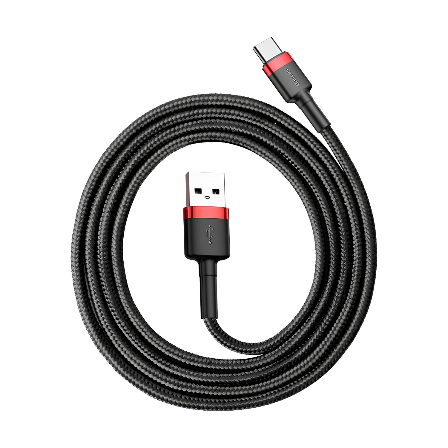 Czarny kabel USB-C do USB, zwinięty w okrąg. Czerwone akcenty na złączach. Białe tło.