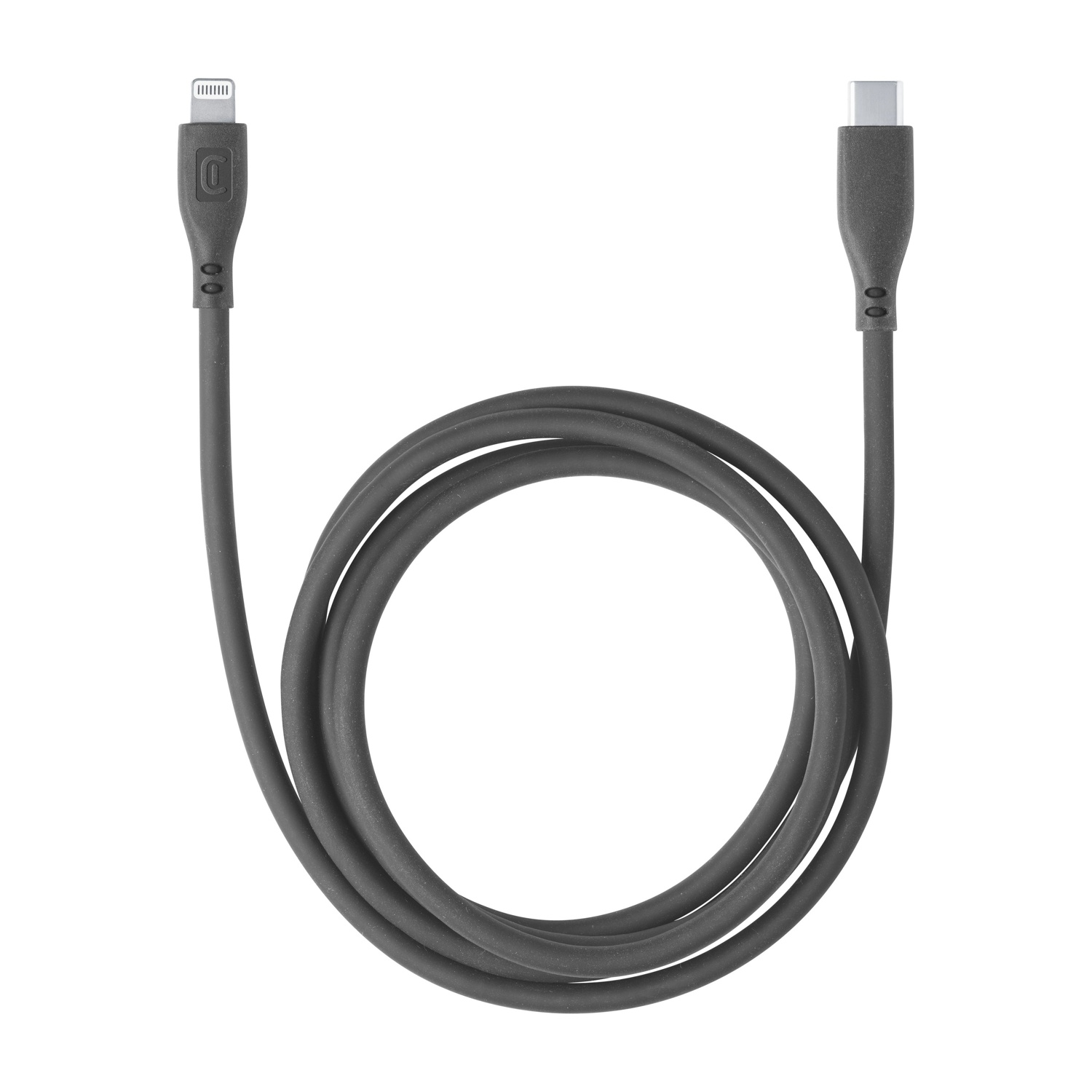 Un câble de charge gris foncé avec un connecteur Lightning à une extrémité et un connecteur USB-C à l'autre, enroulé sur fond blanc.
