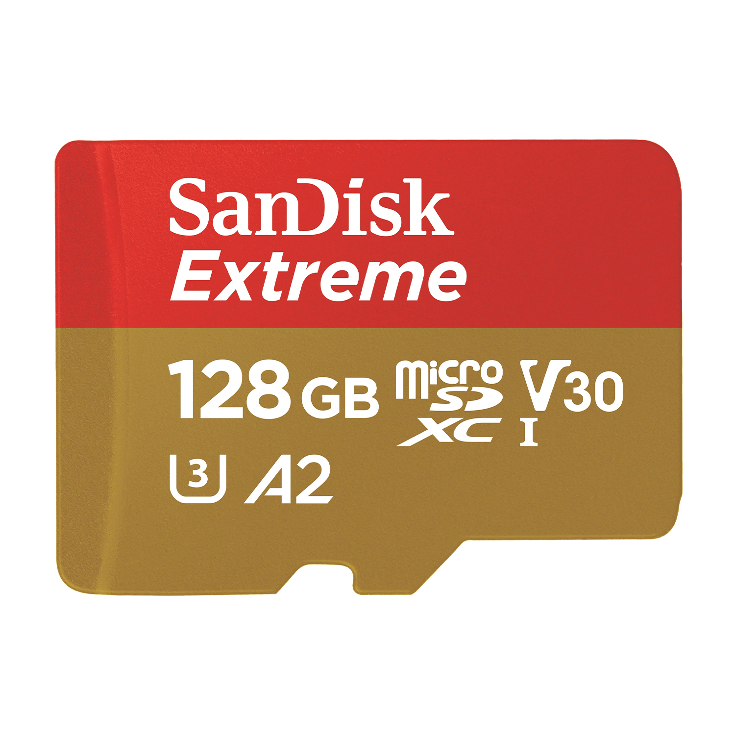 Een SanDisk Extreme microSD-kaart. Rode en gouden kleuren. Tekst: 128 GB, V30, A2 en SanDisk Extreme.