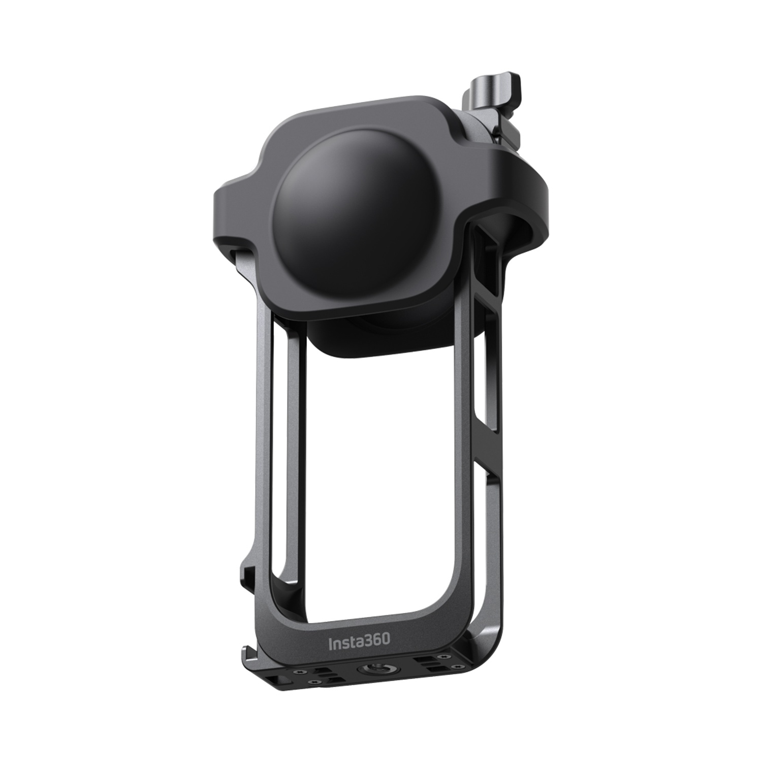 Una jaula negra para cámara Insta360. La jaula tiene una parte superior redondeada con un pequeño accesorio y un marco rectangular.
