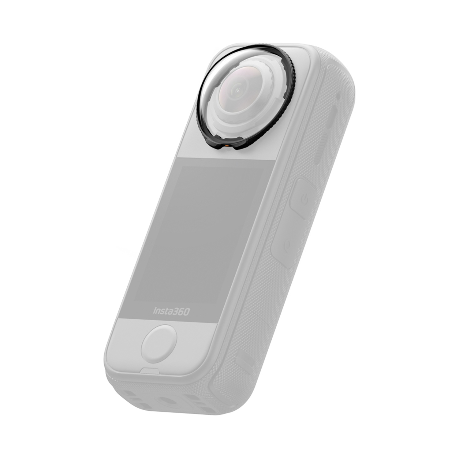 Cámara Insta360 blanca. La lente está arriba con un anillo negro. Tiene pantalla y un botón frontal.