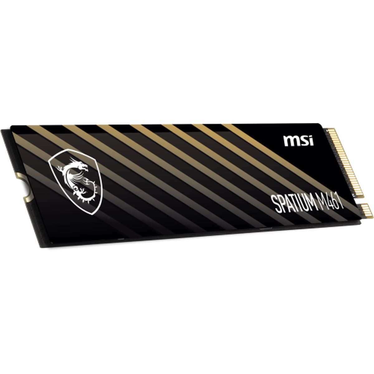 Dysk SSD MSI Spatium M461. Czarno-złoty design z logo MSI i emblematem smoka. Dysk jest prostokątny, ze złotymi złączami.