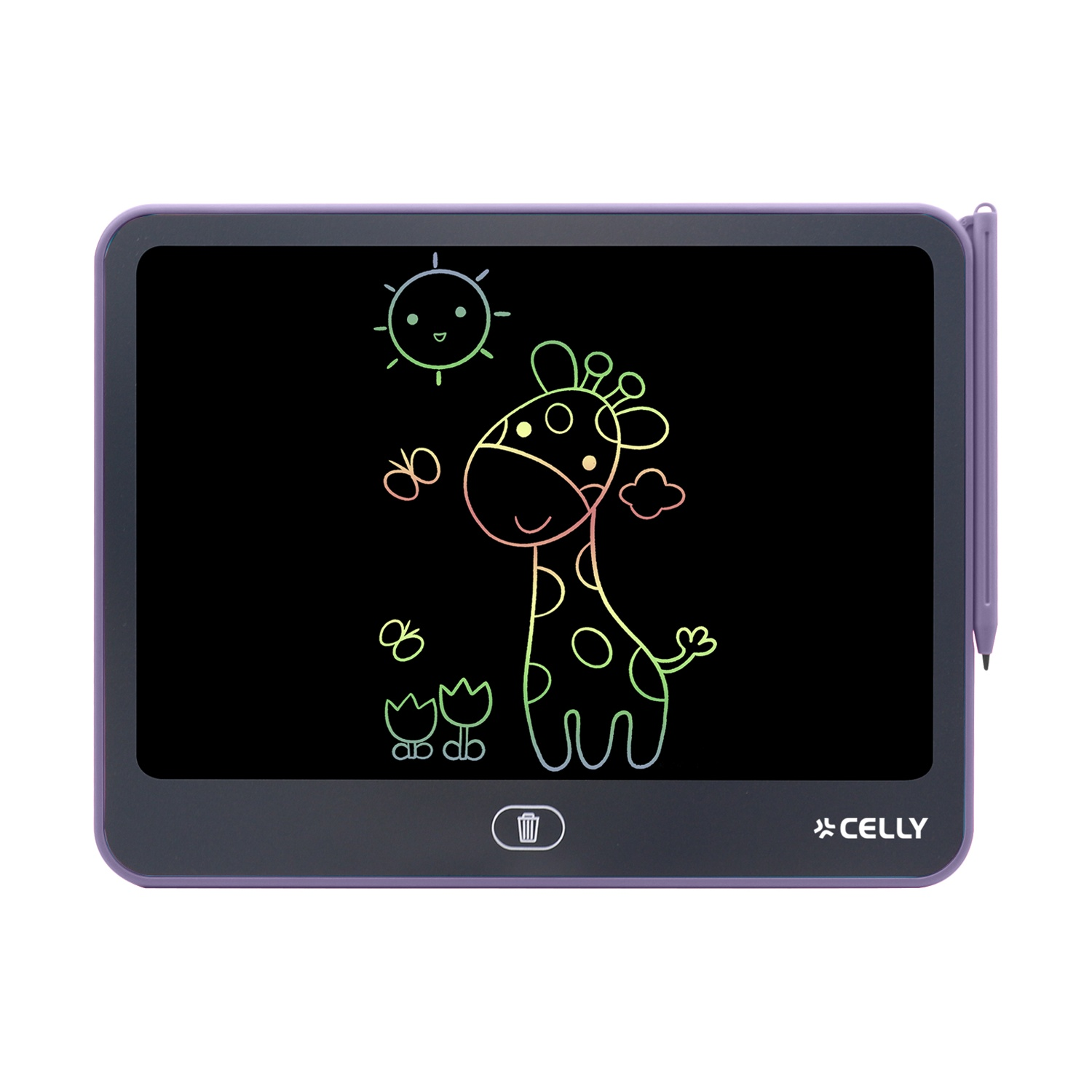 Un tablet per disegnare viola mostra una giraffa, un sole e fiori con linee colorate. È inclusa una penna e il marchio è Celly.