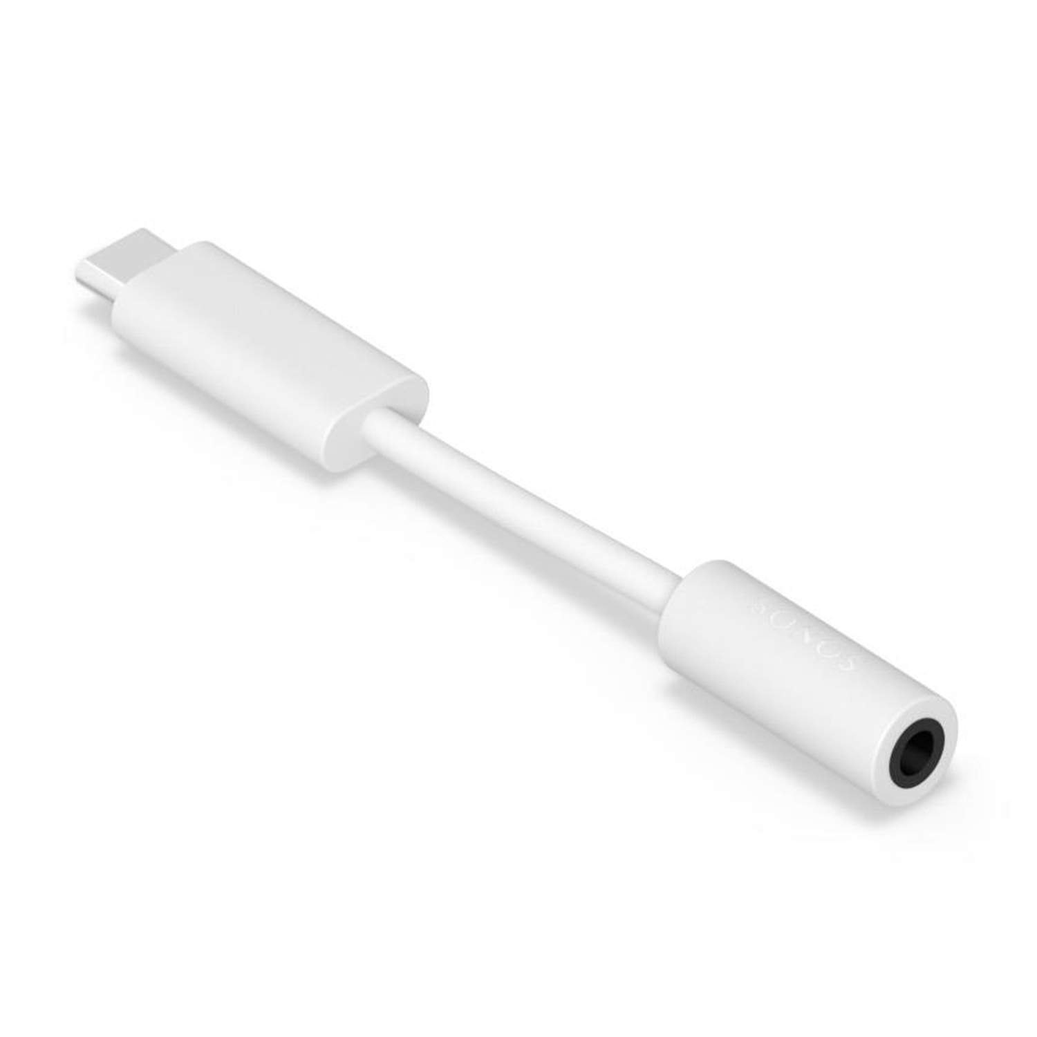 Een witte audio-adapterkabel met een USB-C-connector aan het ene uiteinde en een 3,5 mm-aansluiting aan het andere. SONOS staat op één uiteinde gedrukt.