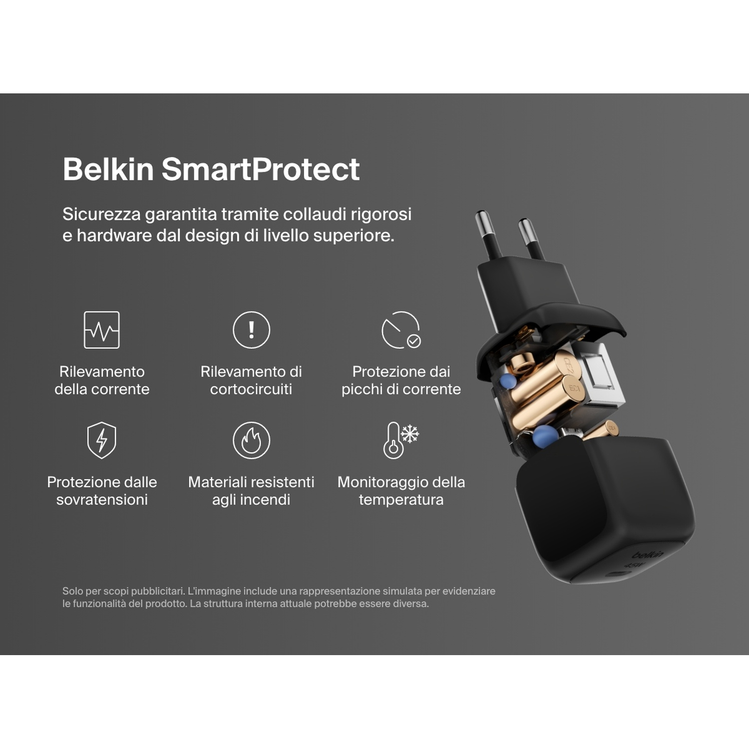 Un chargeur Belkin SmartProtect est montré, partiellement démonté. Il possède des composants internes noirs et dorés, avec du texte décrivant les caractéristiques de sécurité.
