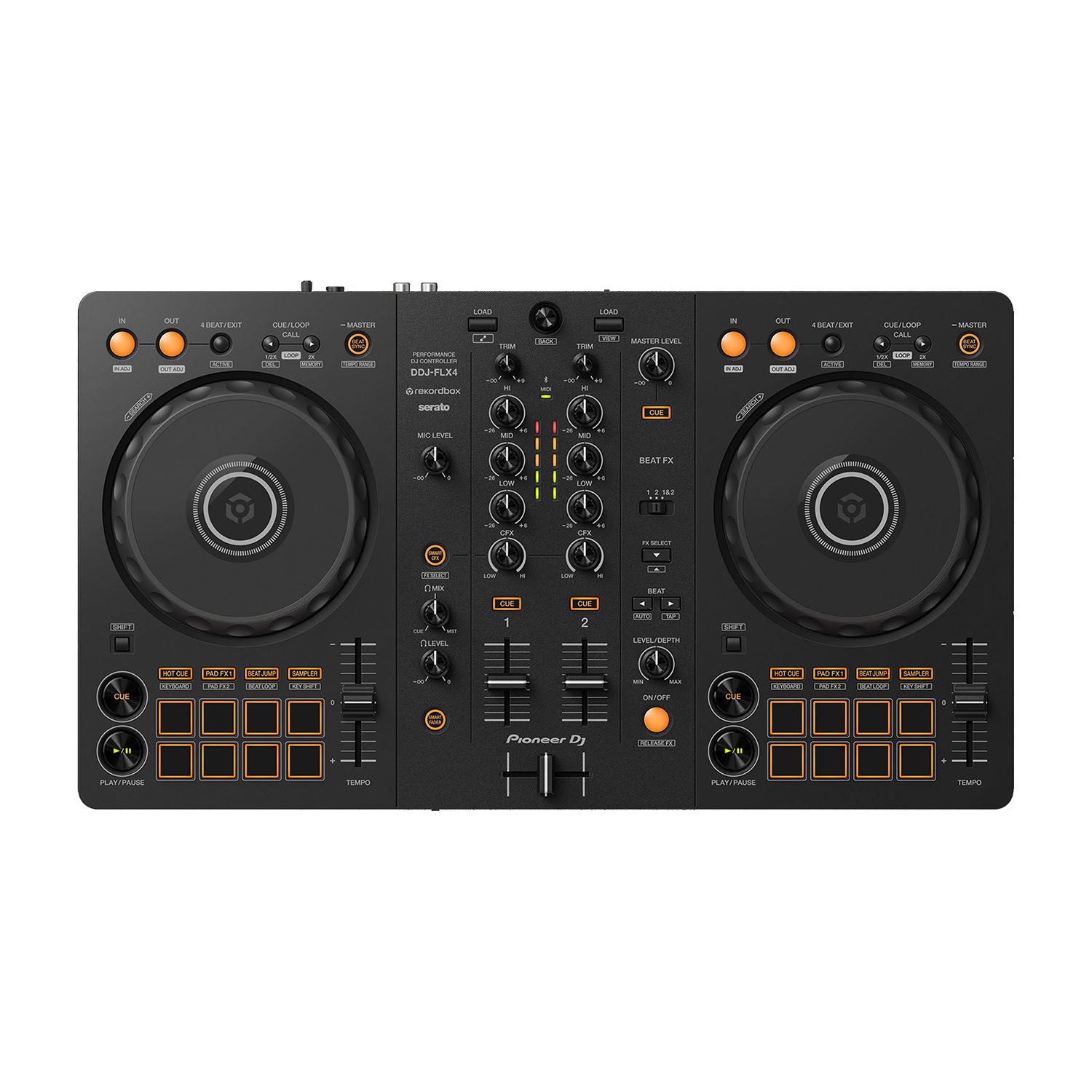 Zwarte Pioneer DJ-controller. Voorzien van draaiknoppen, knoppen en jogwielen. Serato- en Rekordbox-logo's zichtbaar.