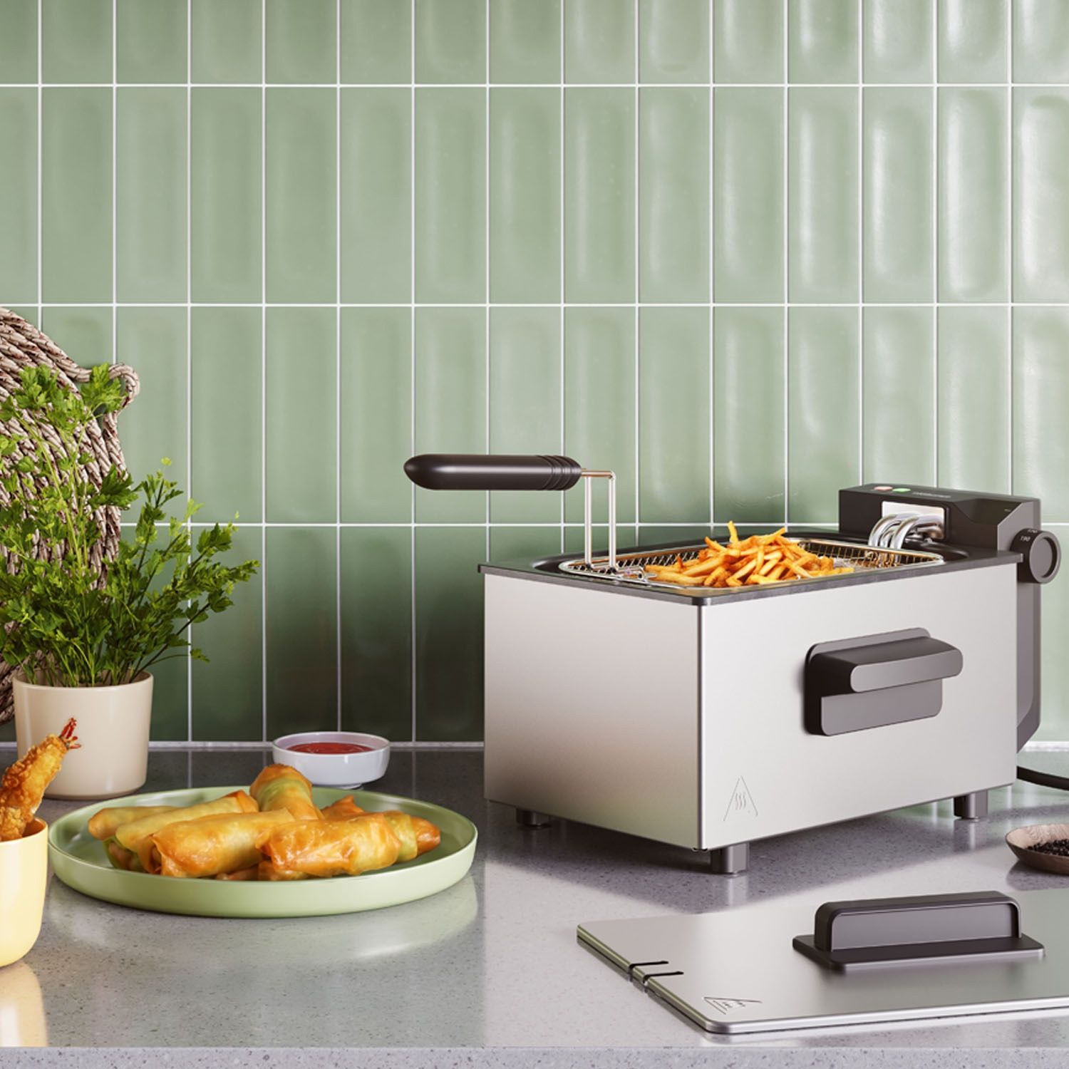 Scena di cucina con friggitrice, involtini primavera, patatine fritte e una ciotola di salsa su un piano di lavoro. Parete verde piastrellata sullo sfondo.