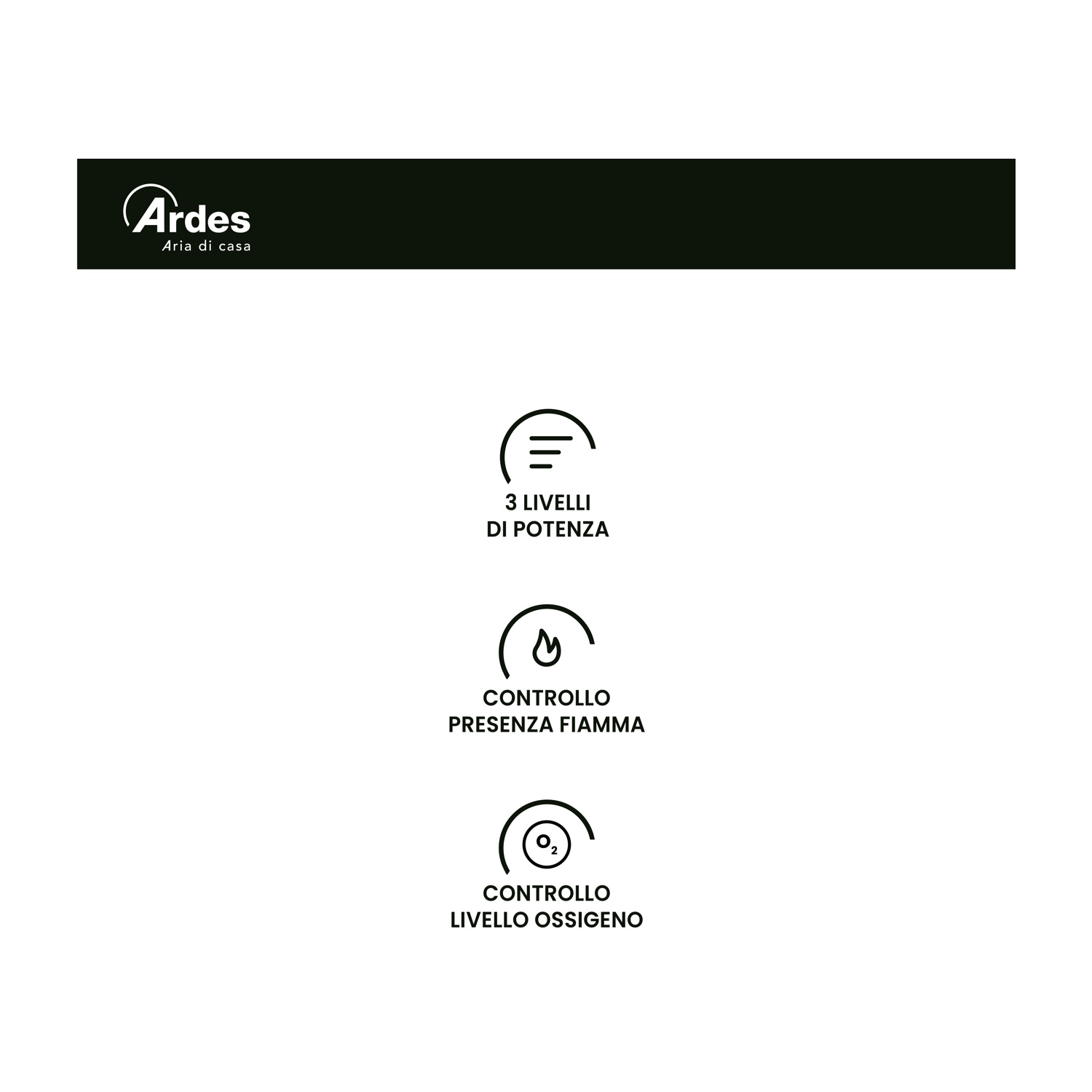 L'immagine mostra il logo Ardes e tre icone: livelli di potenza, controllo presenza fiamma e controllo livello ossigeno, tutto in nero su bianco.
