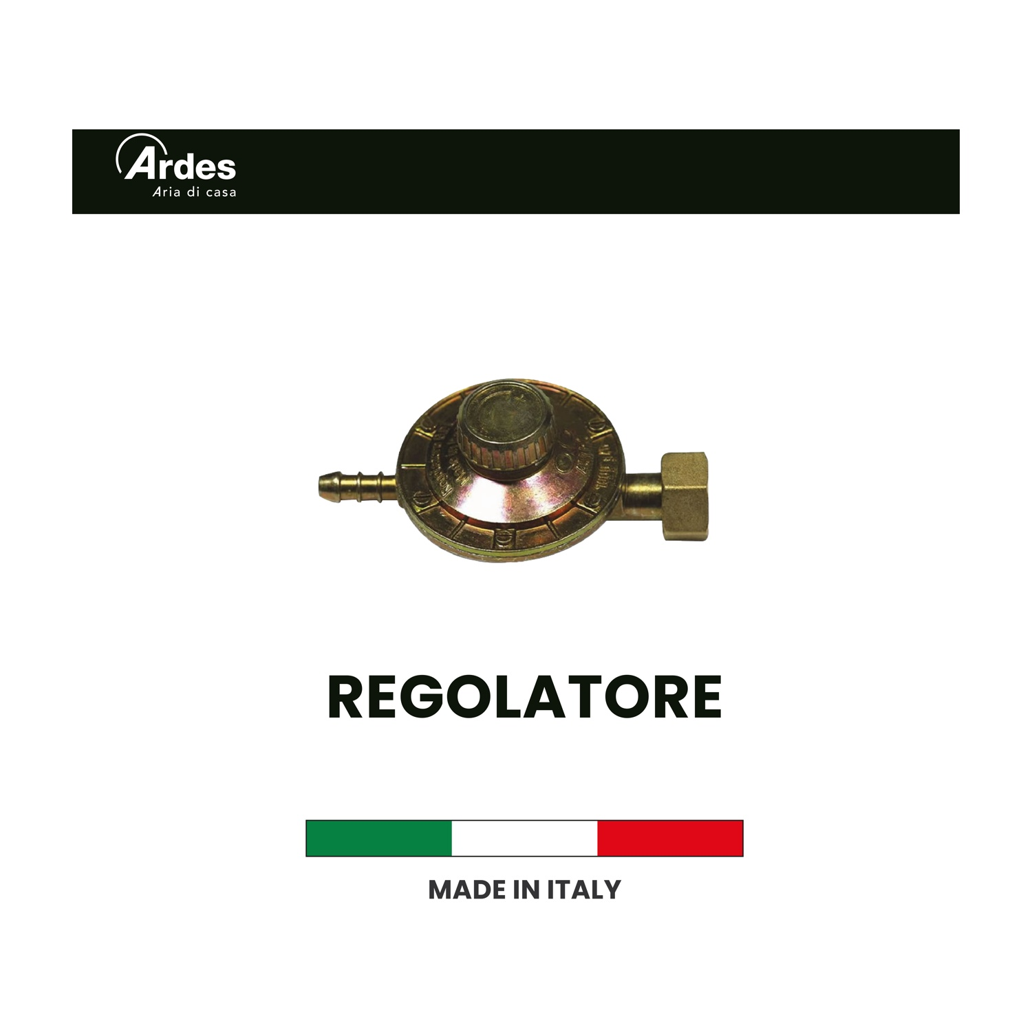 Un regolatore di gas con la parola 'REGOLATORE' sotto. Una barra verde, bianca e rossa in basso, con l'etichetta 'MADE IN ITALY'.