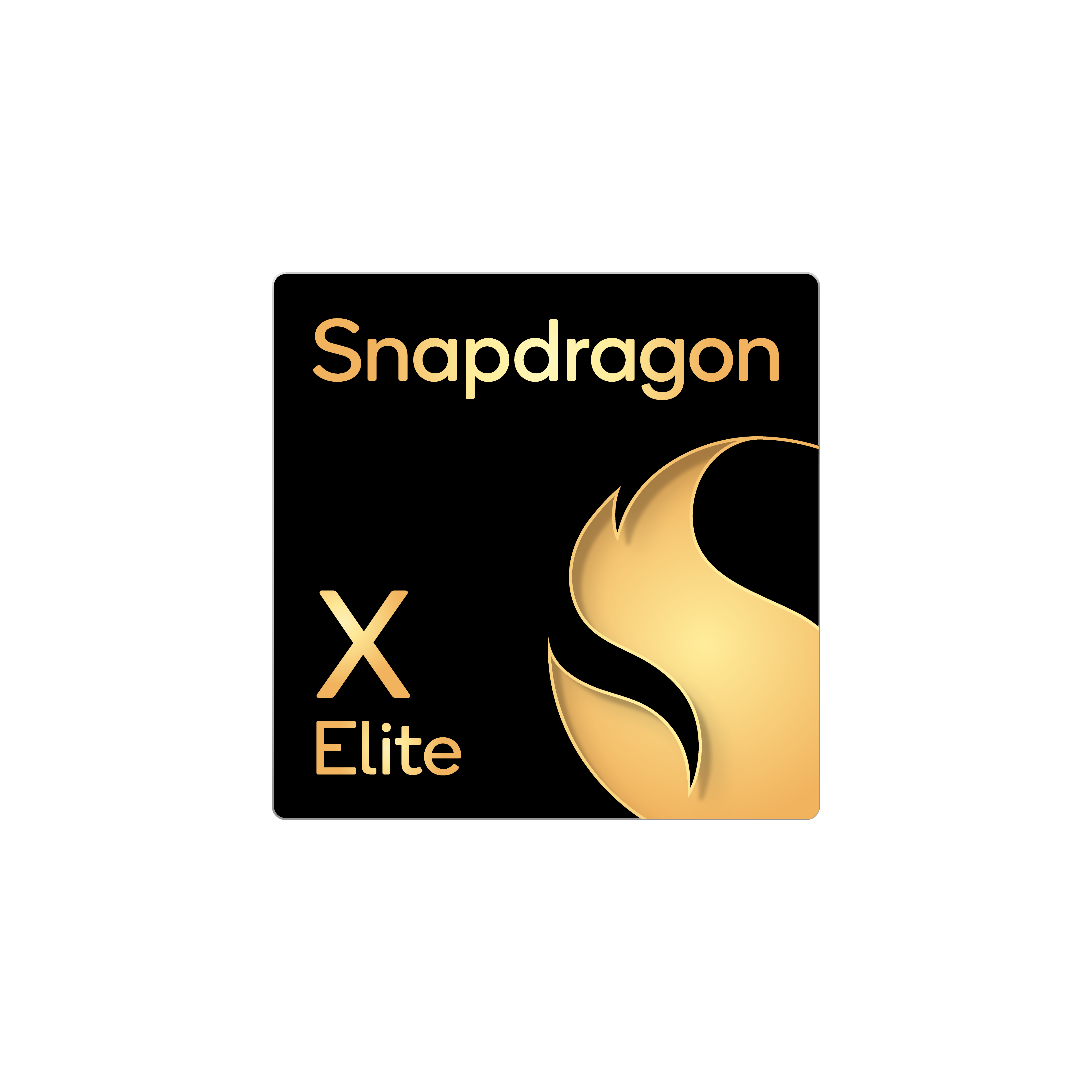 Logo Snapdragon X Elite na czarnym tle. Logo jest złote z literą X i stylizowanym płomieniem.