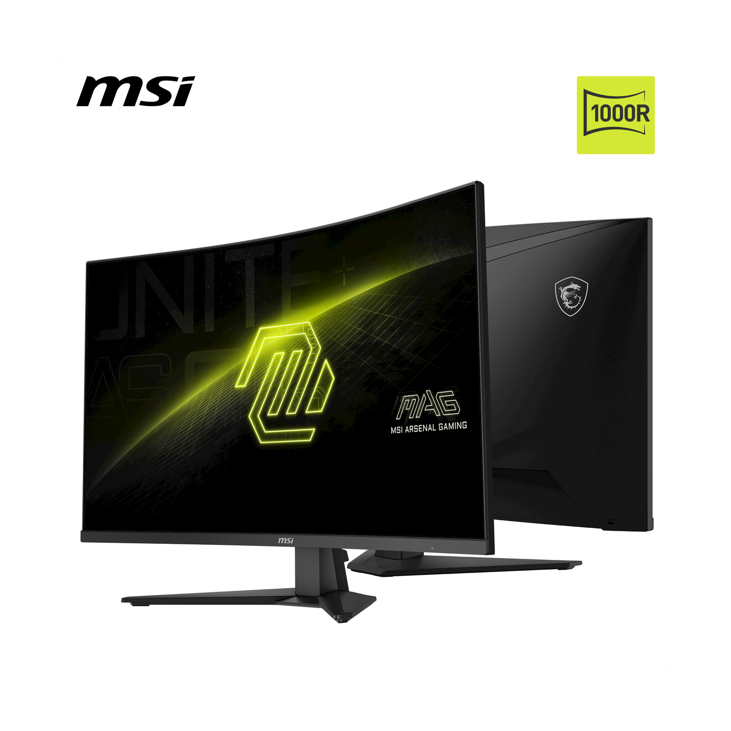 Zakrzywiony monitor gamingowy MSI. Czarny ekran z żółtą grafiką. Widoczny tył z logo MSI. Naklejka 1000R w rogu.