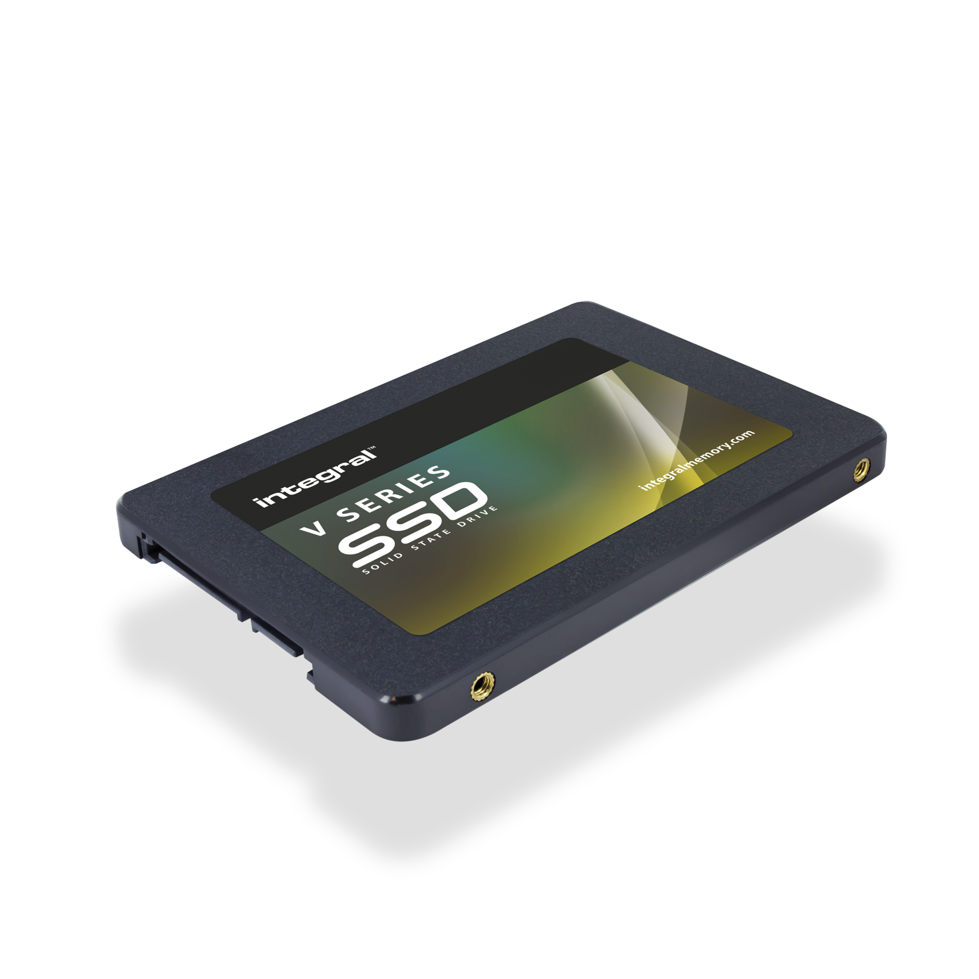 Un'unità SSD è visualizzata su sfondo bianco. È nera e presenta il marchio Integral.