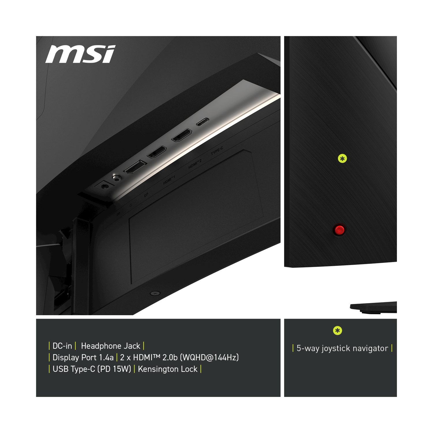 Obraz przedstawia czarny monitor MSI z portami, przyciskiem zasilania i 5-kierunkowym joystickiem. Porty obejmują HDMI, USB-C i gniazdo słuchawkowe.