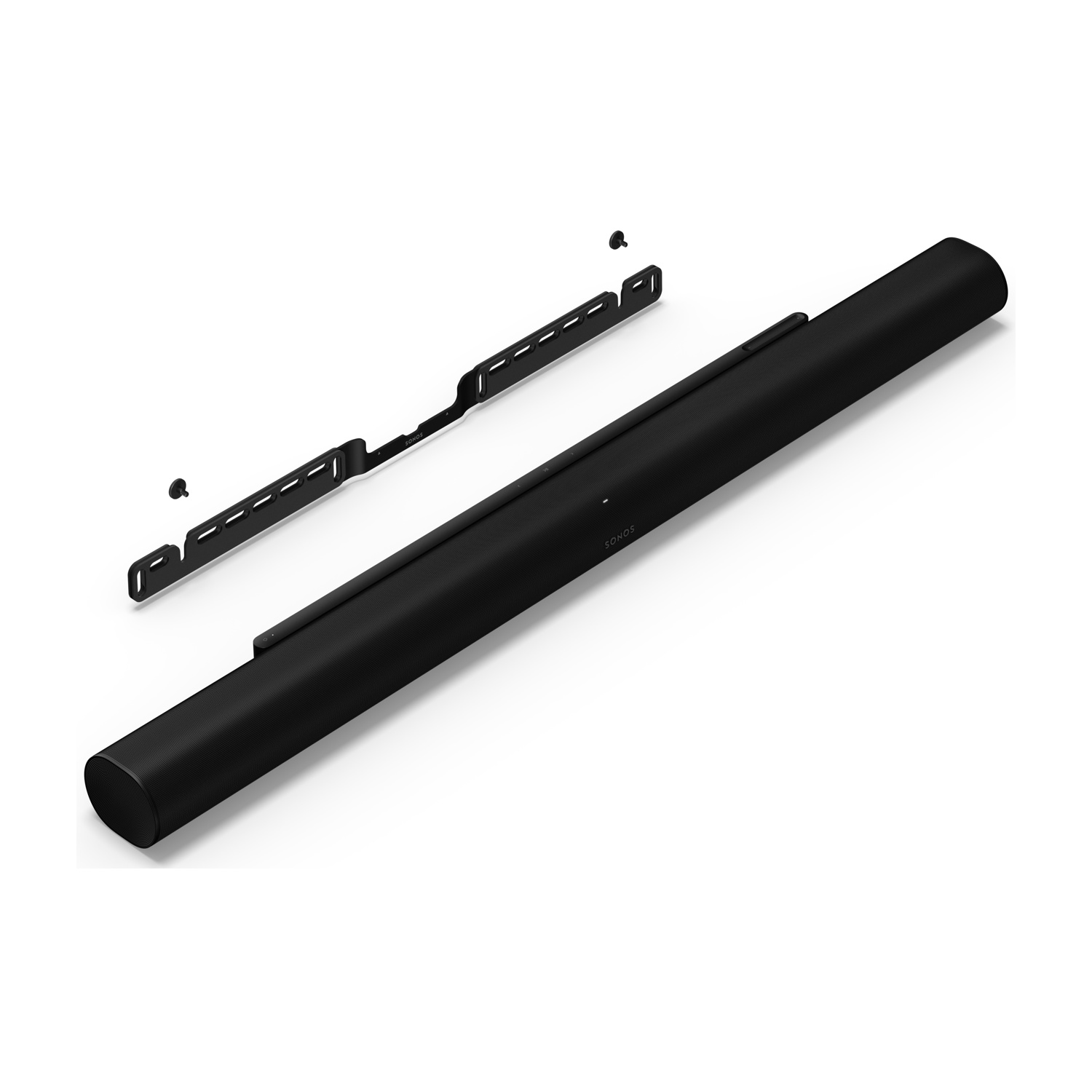 Schwarze Soundbar und Halterung auf weißem Hintergrund. Soundbar ist zylindrisch mit dem Markennamen Sonos.