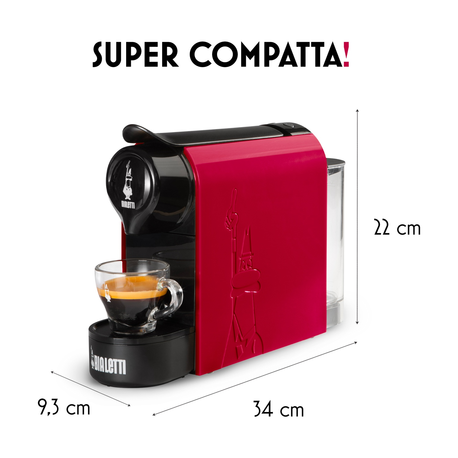 Una macchina da caffè espresso rossa e nera con una tazza di vetro. Sono indicate anche le dimensioni. Il testo 'SUPER COMPATTA!' è visibile.