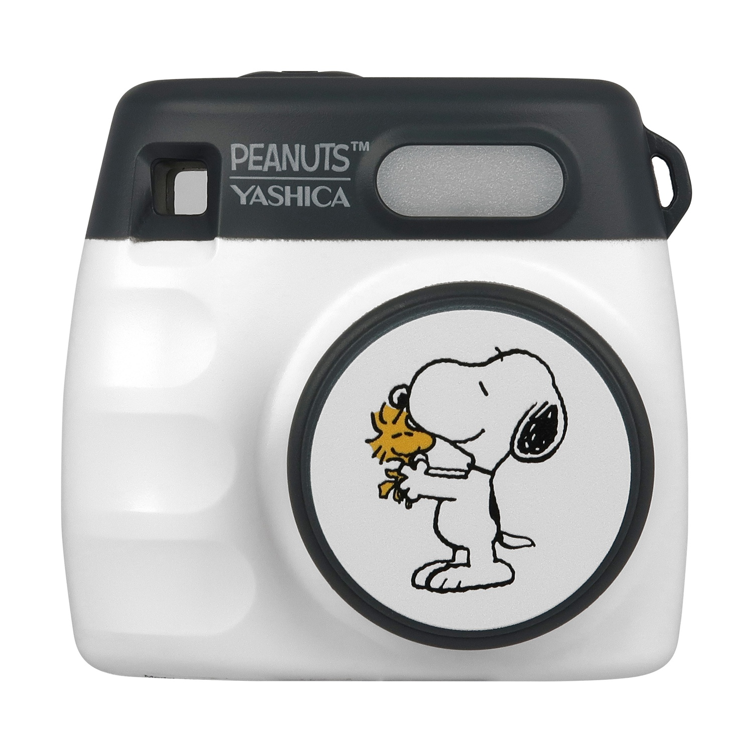 Eine weiß-schwarze Sofortbildkamera mit Snoopy, der Woodstock hält. Die Kamera hat das Peanuts- und Yashica-Logo.