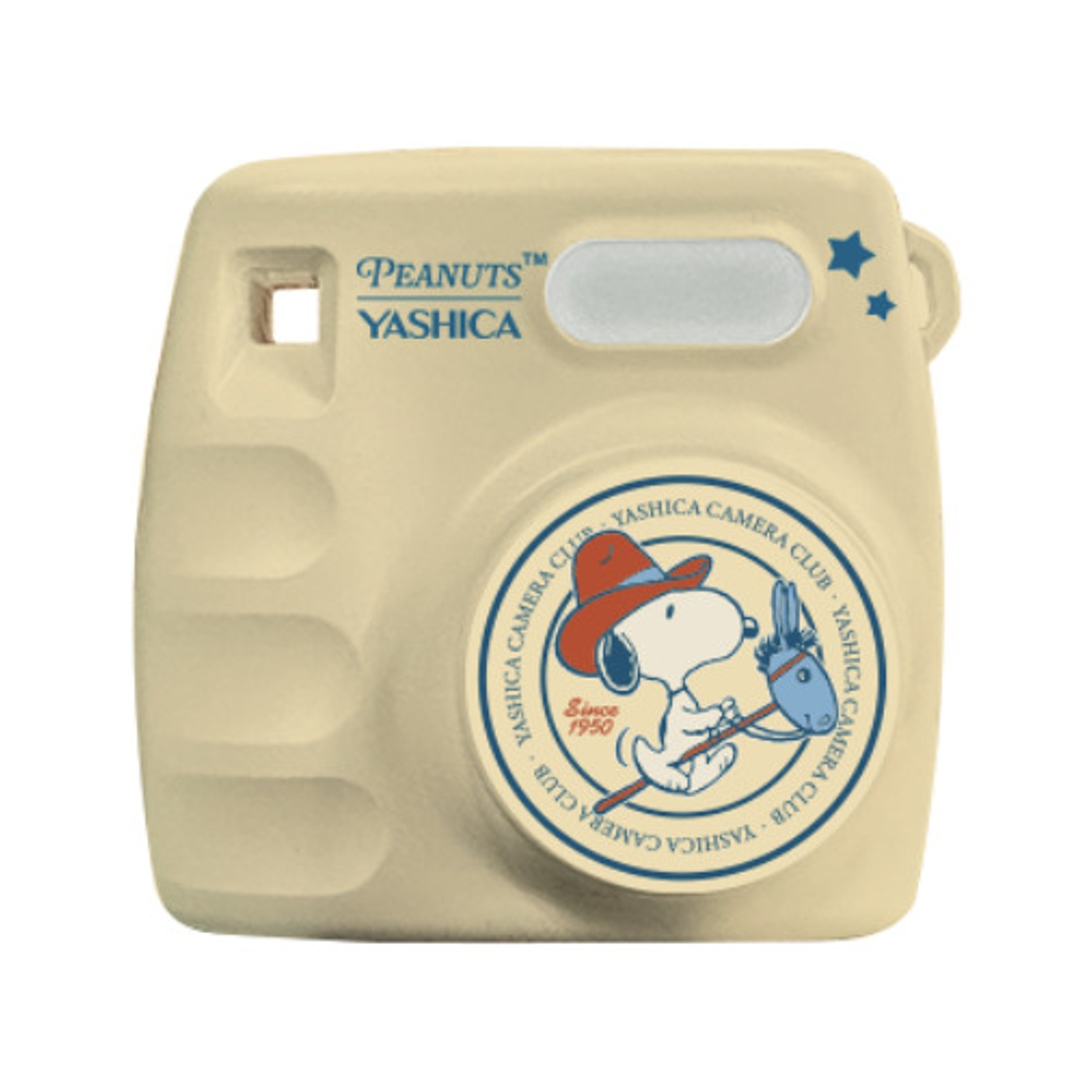 Eine cremefarbene Yashica-Kamera mit Snoopy-Design. Sie trägt Peanuts- und Yashica-Marken. Snoopy reitet auf einem Pferd.